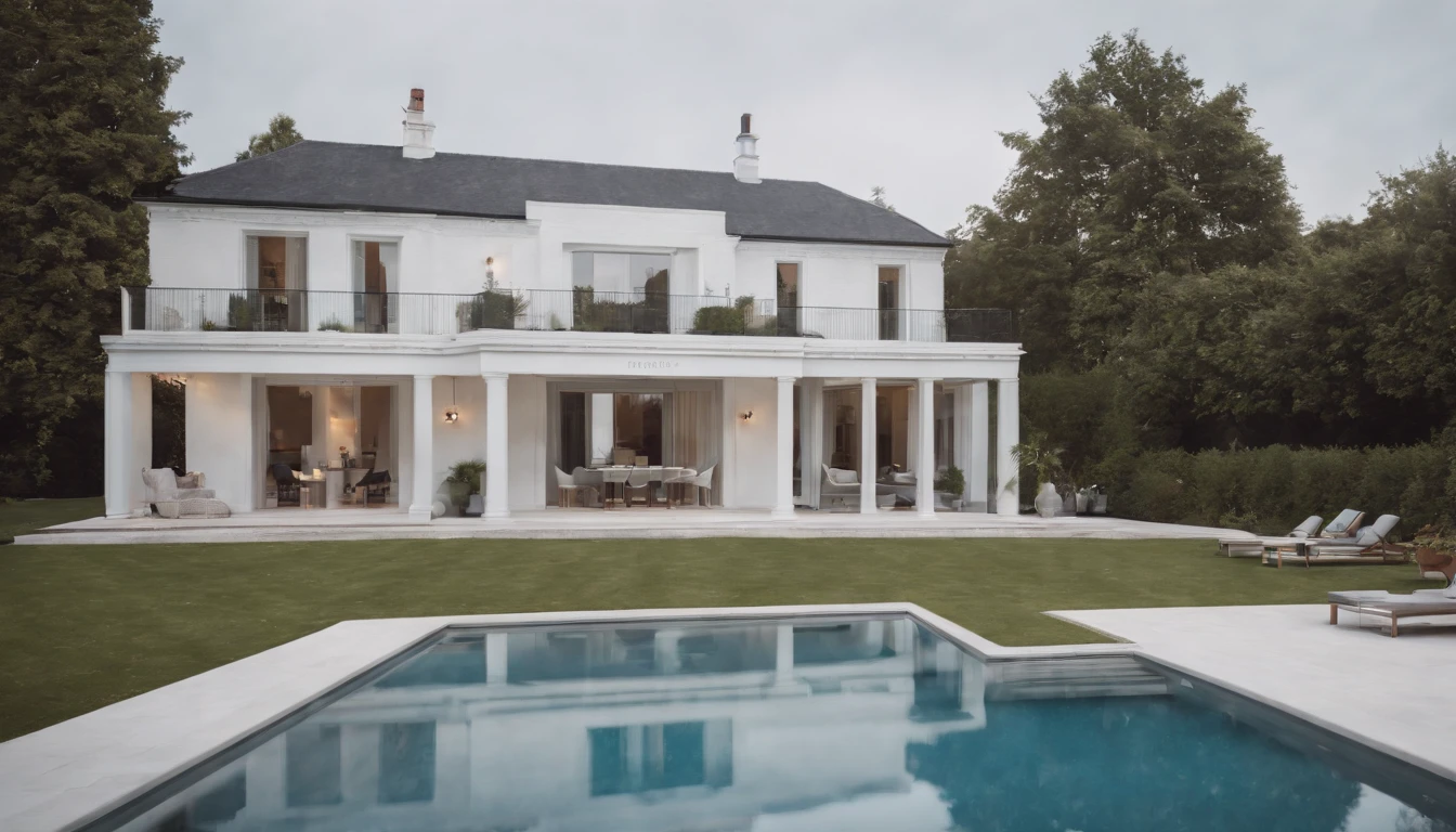 a modern minimal white house, exterior, material wood,  glass, concrete, water in the pool, with pool in yard,  a lux car in the yard,