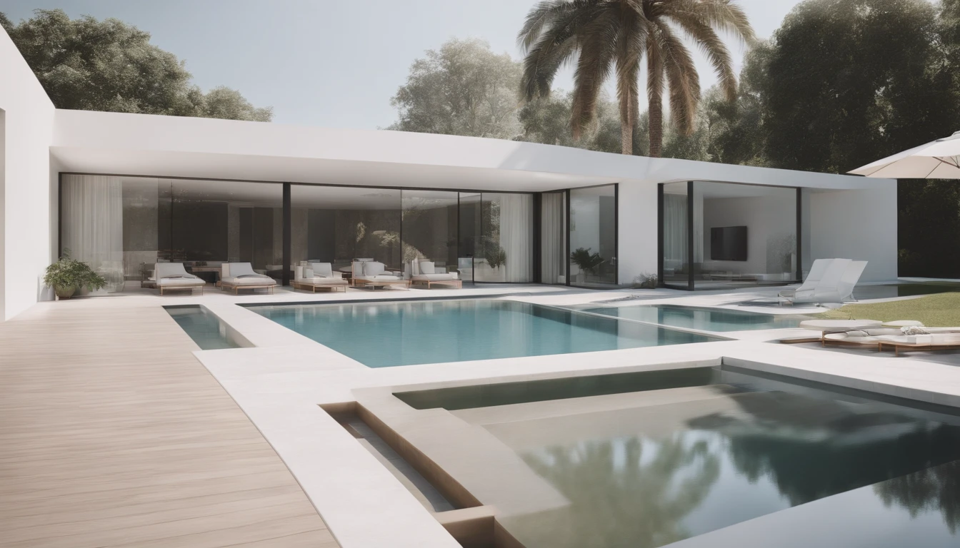 a modern minimal white house, exterior, material wood, glass, concrete, water in the pool, with pool in yard, a lux car in the yard,