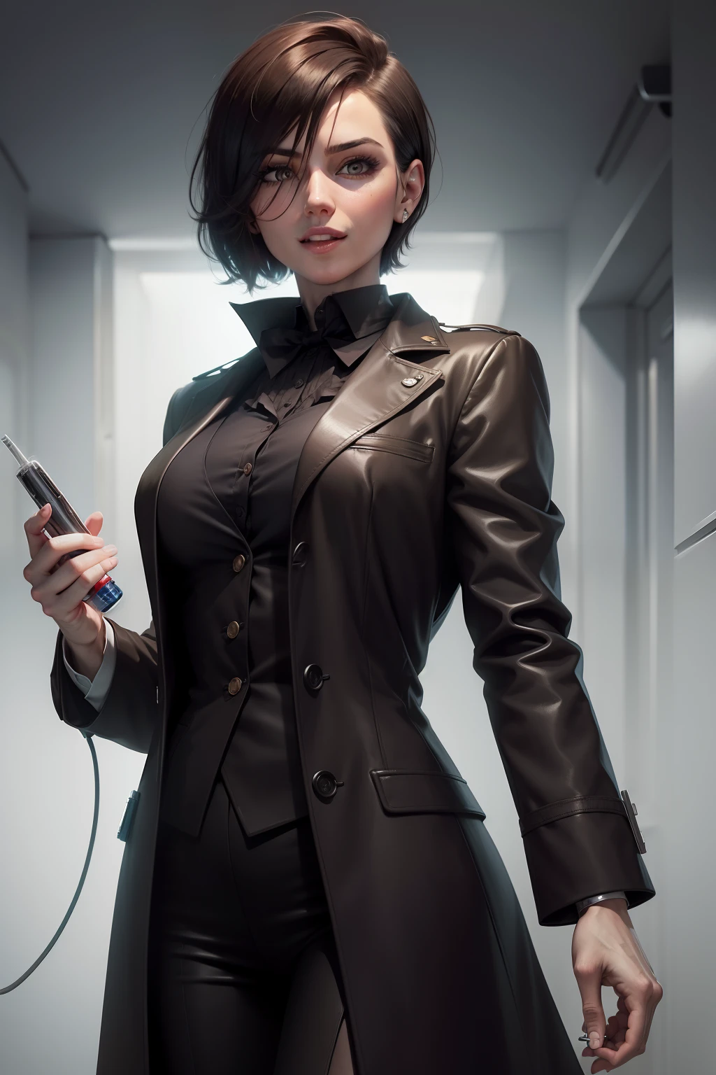 a doctor digital illustration portrait short hair with evil laugh and mafia style standing holding Syringe