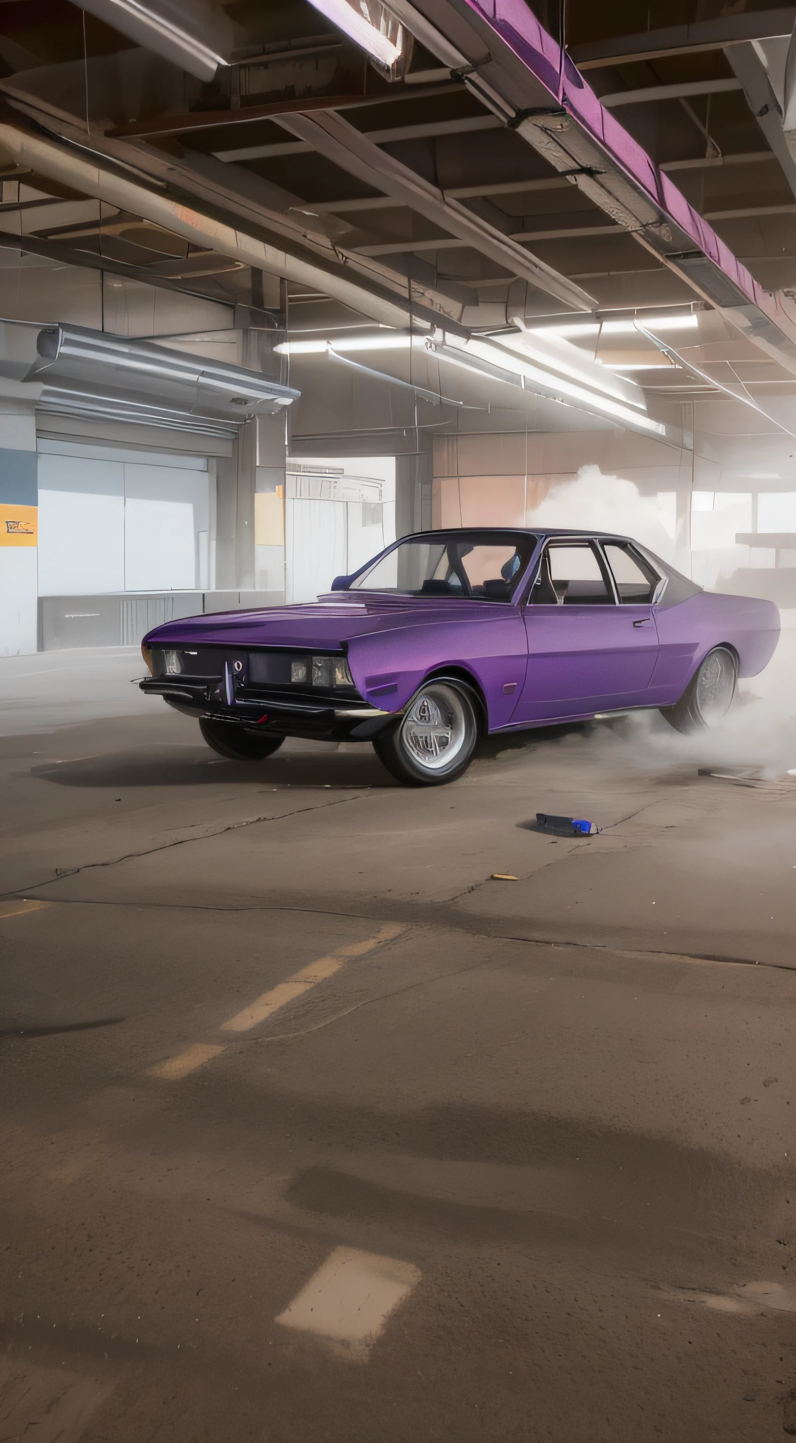Purple car in a garage with smoke billowing from the hood, car drifting, Velha escola FPR, tornado roxo, Foto comercial, chama roxa baixa, classic car, Moskvich, purple smoke, smoke behind wheels, carro completo, Tiro de RP, low quality video, Restomod, tiro interno, purple mist, tiro de carro, 2 4 0 p metragem
