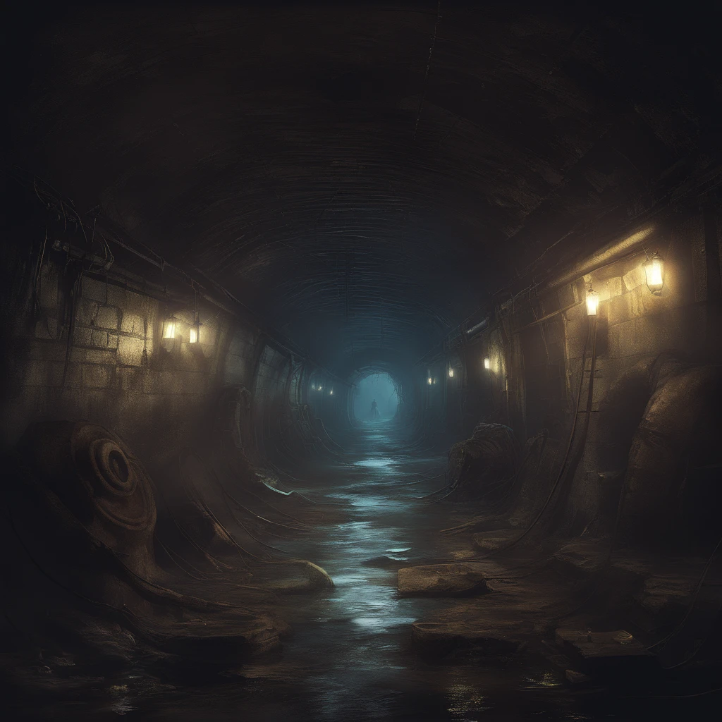 Empty sewers，No lights，Messy items，darkly，Spooky environment