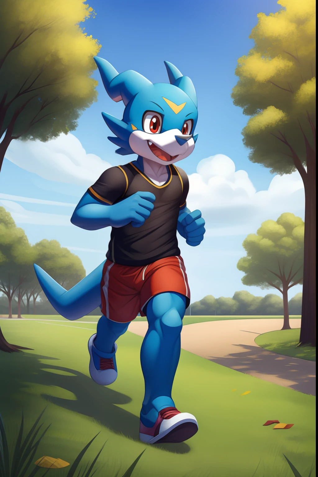 veemon, running at the park, clothed