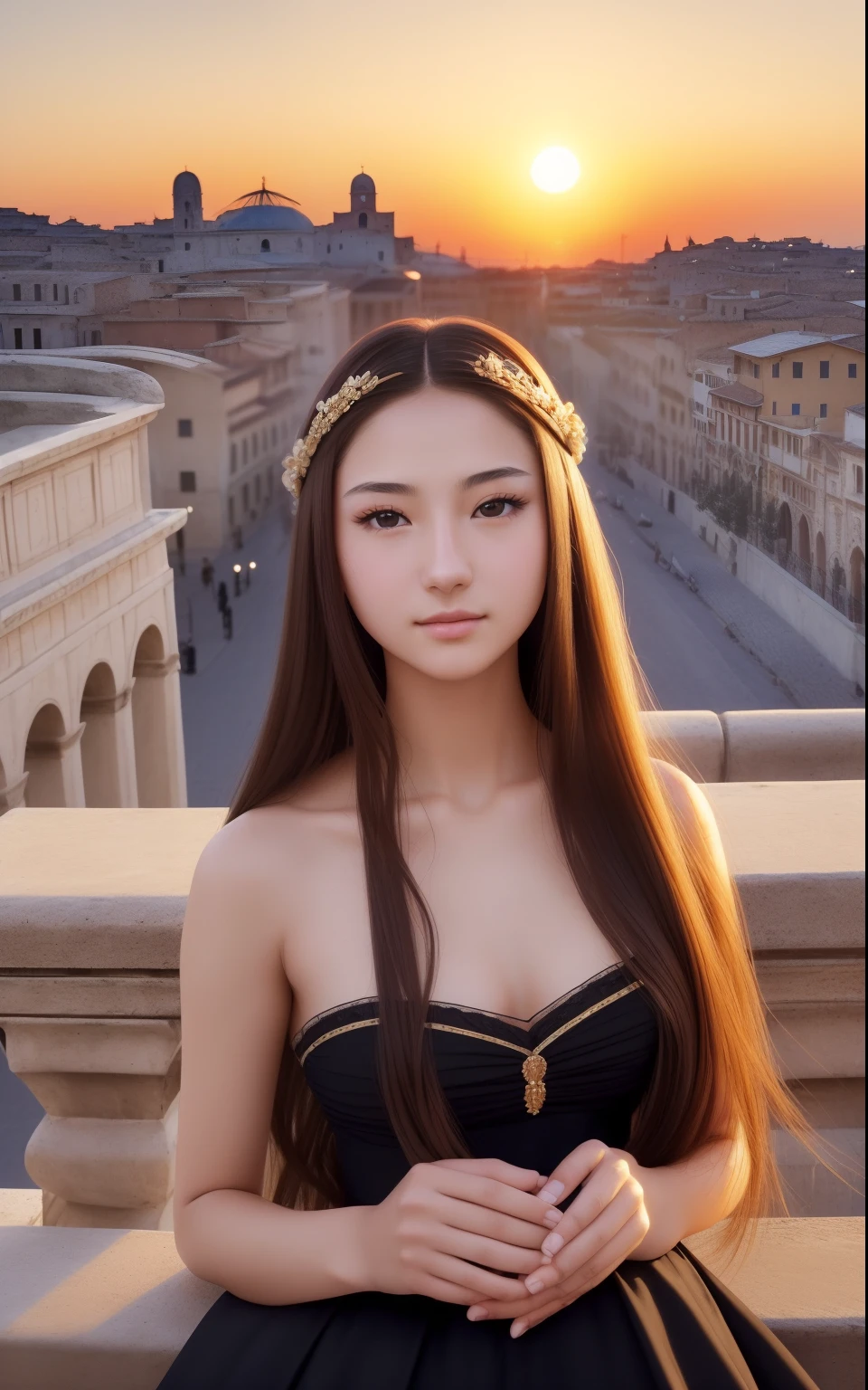 Photo. On the cover of Teen Vogue. Text Says"Tenalisa" Teenage Mona Lisa, 17 years old in black long skirt dress, She has a brunette, Strong confidence standing to look at you. Roman columns and arches created by Greek columns are in the background, On the rooftops of Italian cities, Sunrise sky in the background, There is an empty luxurious wooden chair in the foreground, In the distance behind her, Leonardo da Vinci facing backwards, Bridge in the distance, The light of the sunrise shines here, Cinematic, high detailing, (credibly_absurderes,Huge_filesize:1.37),(masterpiece:1.37),(top-quality:1.37),(realisitic,Photorealsitic:1.2),Ray traching,Realistic lighting,(illuminations,Glow),((film grains:1.37)),(Exquisite details and textures:1.2),(8K分辨率:1.2),(ultra -detail:1.2),(Sharp Focus 1.2),(Raw photography:1.0),(Beautiful Detail Face、Beautiful Detail Eye、 radiant eyes、long eyeslashes、blush of the nose:1.2)、((((perfect anatomia))))、full body Esbian、Ceremony、1girl in、独奏、a beauty girl、High class、(A slender:1.37)、(cute face)、(Natural glowing skin:1)、(Detailed natural skin、detailed skin textures、Detailed black hair、Well-formed hairstyles)、Facial light、(ciinematic light)