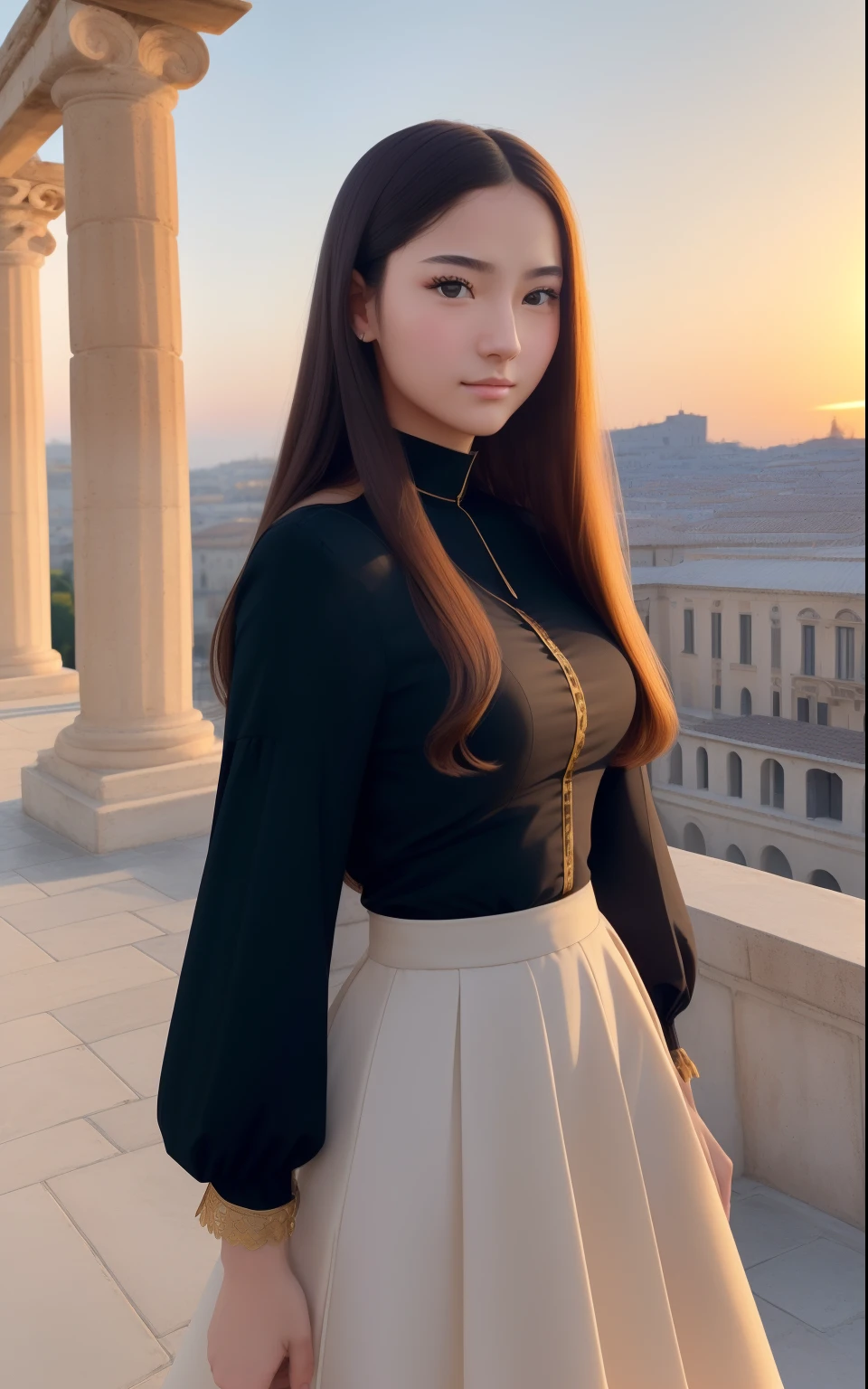 Photo. On the cover of Vogue. Text Says"Tenalisa" TeenMona Lisa, 17 yearsk long skirt dress, She has a brunette, Strong confidence standing to look at you. Roman columns and arches created by Greek columns are in the background, On the rooftops of Italian cities, Sunrise sky in the background, There is an empty luxurious wooden chair in the foreground, In the distance behind her, Leonardo da Vinci facing backwards, Bridge in the distance, The light of the sunrise shines here, Cinematic, high detailing, (credibly_absurderes,Huge_filesize:1.37),(masterpiece:1.37),(top-quality:1.37),(realisitic,Photorealsitic:1.2),Ray traching,Realistic lighting,(illuminations,Glow),((film grains:1.37)),(Exquisite details and textures:1.2),(8K分辨率:1.2),(ultra -detail:1.2),(Sharp Focus 1.2),(Raw photography:1.0),(Beautiful Detail Face、Beautiful Detail Eye、 radiant eyes、long eyeslashes、blush of the nose:1.2)、((((perfect anatomia))))、full body Esbian、Ceremony、1girl in、独奏、a beauty girl、High class、(A slender:1.37)、(cute face)、(Natural glowing skin:1)、(Detailed natural skin、detailed skin textures、Detailed black hair、Well-formed hairstyles)、Facial light、(ciinematic light)