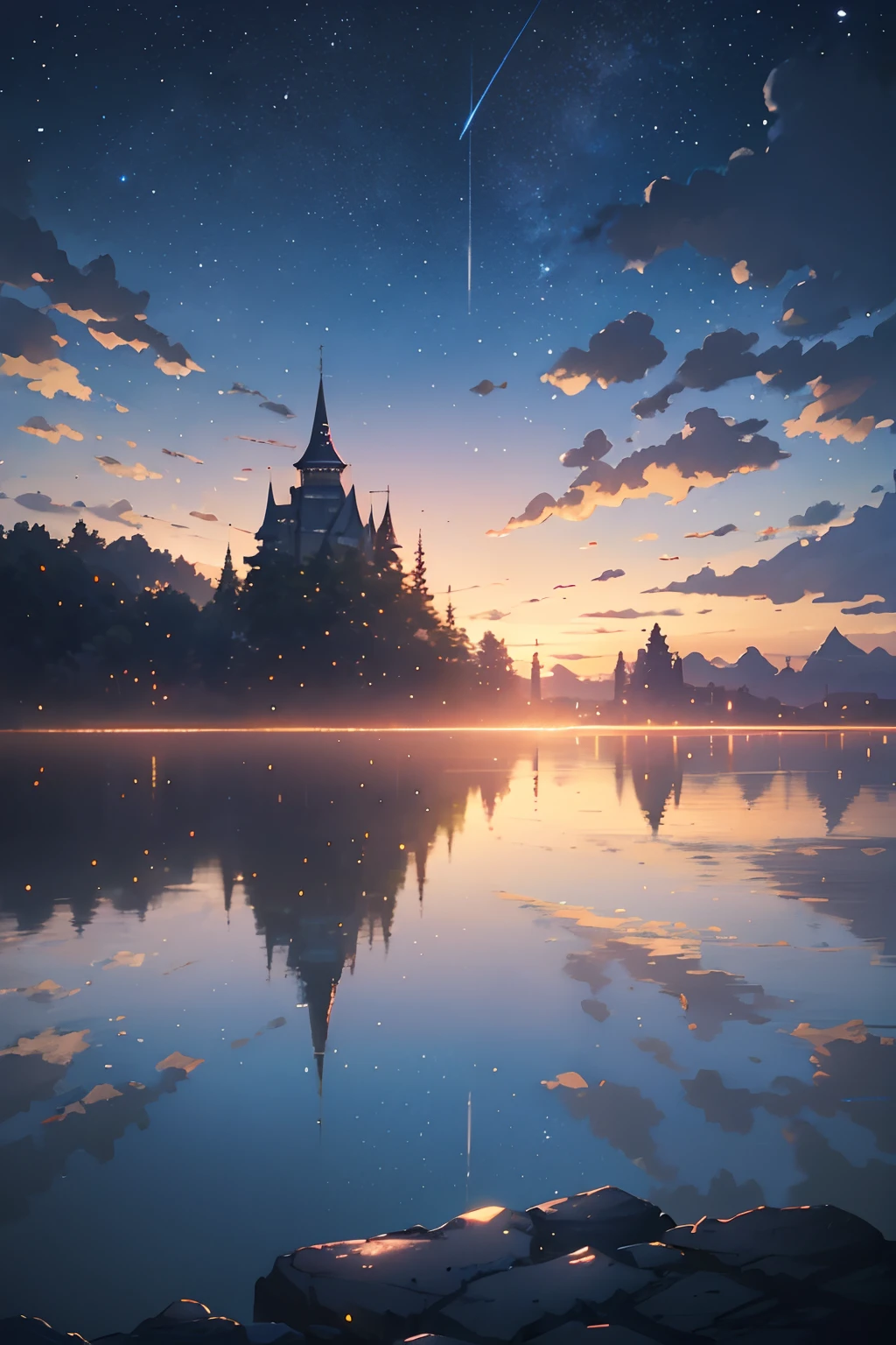High quality masterpiece ，scenecy，Anime train passing through bodies of water on tracks， Glittering starry sky。Romantic train，Pisif，concept-art，Lofi art style，Reflectors。 By Makoto Shinkai, Lofi art, beautiful anime scenes, Anime landscapes, Detailed scenery —width 672, in the style of makoto shinkai, Makoto Shinkai's style，Detail enhancement