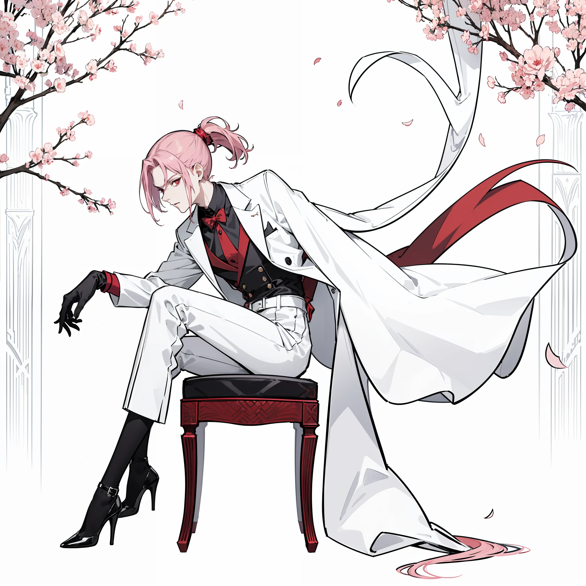 vampire,young man,elegant,thin waist,red eyes,dramatic,pink hair tied up in a high and short messy ponytail,white tailored fancy shirt,black waist high pants,red heels,tall,a single character,solo,1man,male,sitting on a red comfortable chair