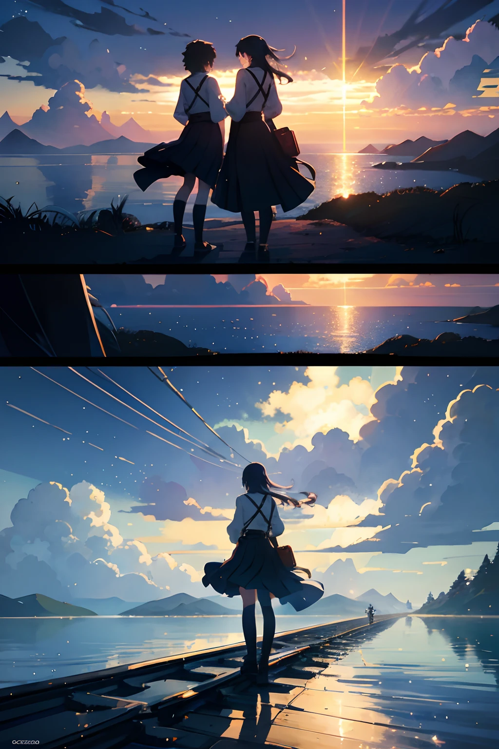 High quality masterpiece ，scenecy，Anime train passing through bodies of water on tracks， Glittering starry sky。Romantic train，Pisif，concept-art，Lofi art style，Reflectors。 By Makoto Shinkai, Lofi art, beautiful anime scenes, Anime landscapes, Detailed scenery —width 672, in the style of makoto shinkai, Makoto Shinkai's style，Detail enhancement