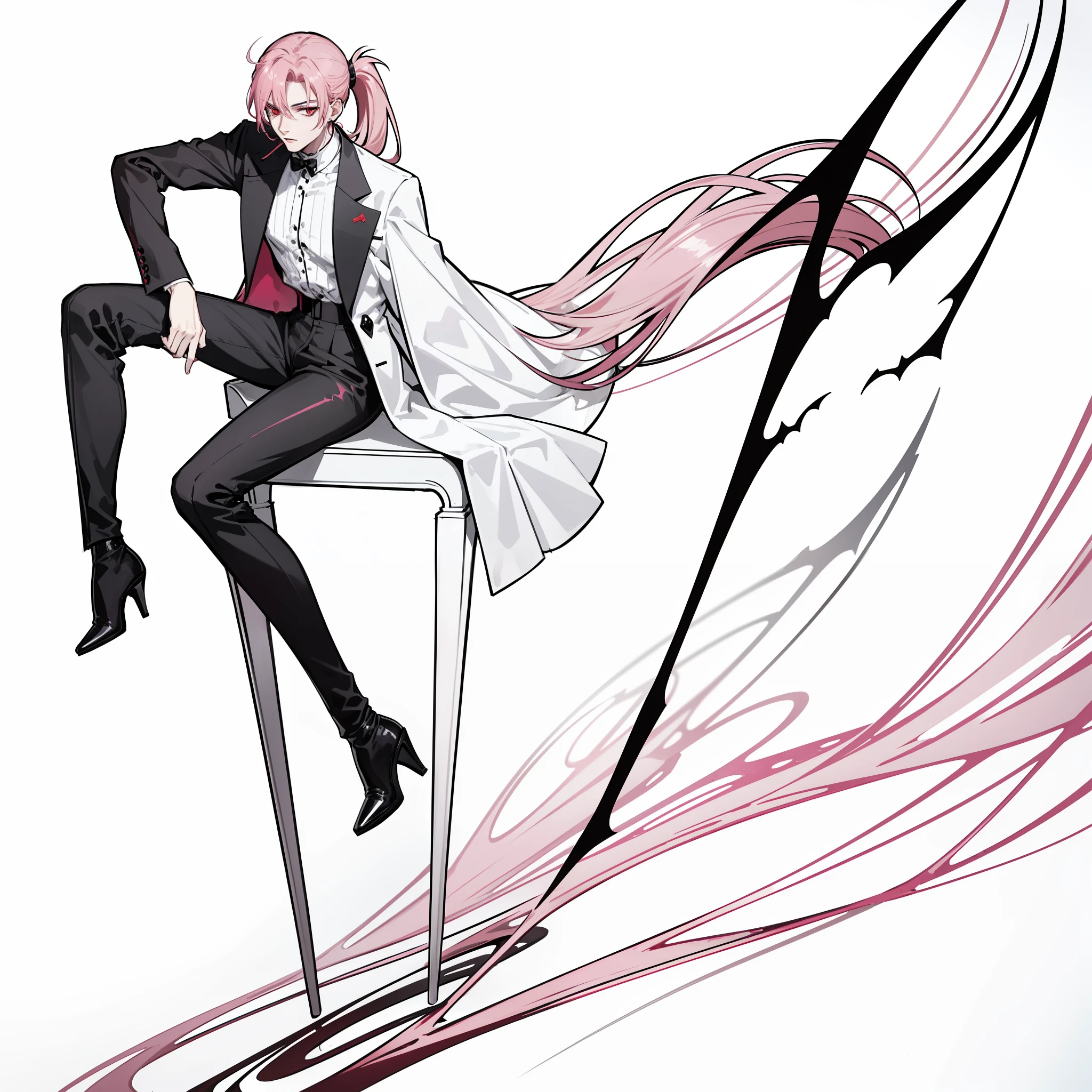 vampire,young man,elegant,thin waist,red eyes,dramatic,pink hair tied up in a high and short messy ponytail,white tailored fancy shirt,black waist high pants,knee high boots with high heels,tall,a single character,solo,1man,male,sitting on a red comfortable chair