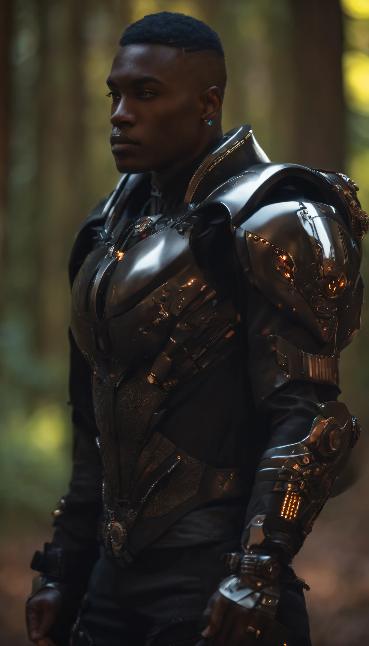 dark male cyborg , forestpunk