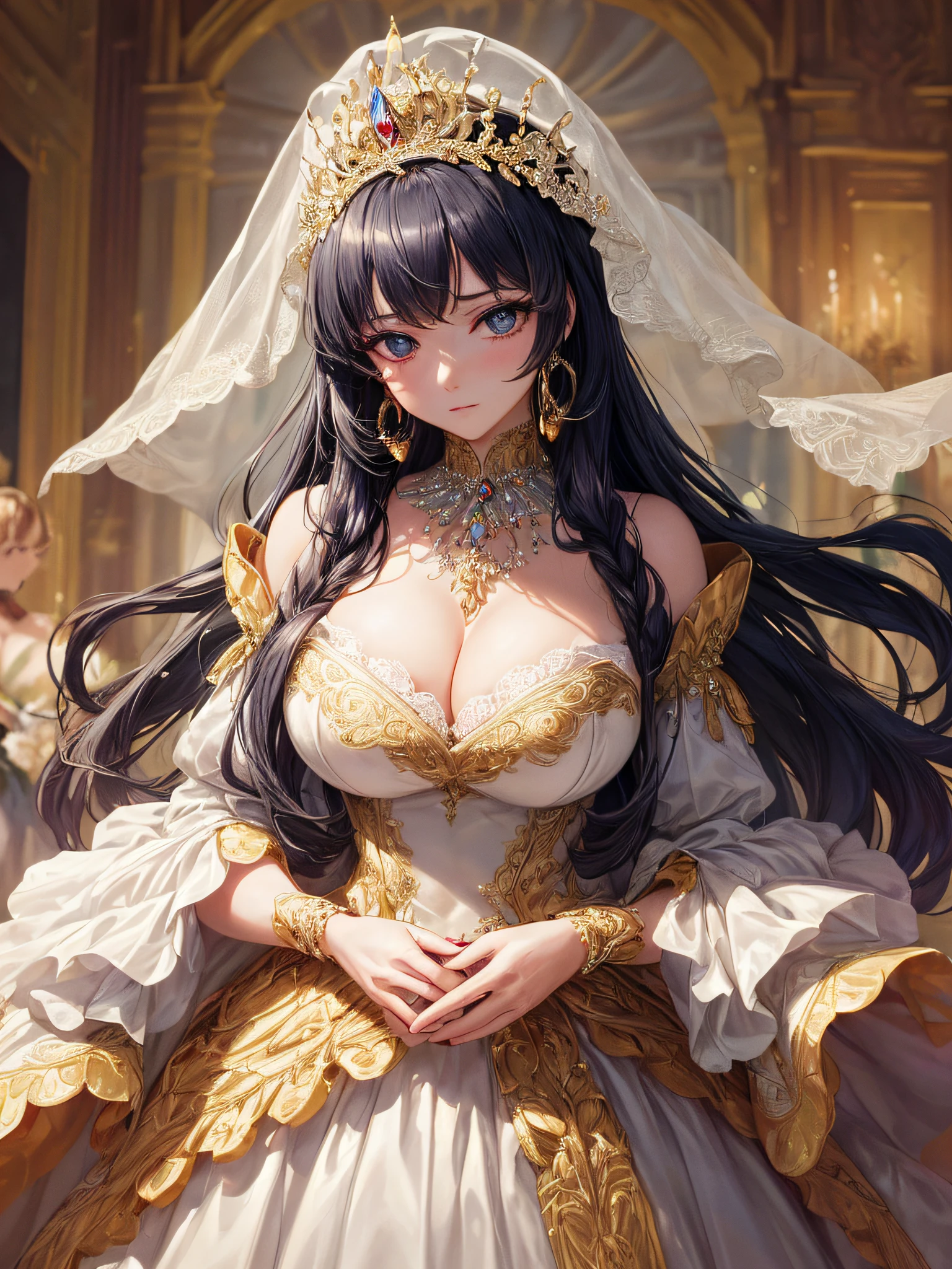 (masterpiece, best quality,extremely detailed,moe anime art style:1.2),1girl, (solo), cute, kawaii,digital art,((1 bling-bling anime princess wearing beautiful embroidery and jeweled gorgeous princess ballgown with voluminous full length hoop skirt)),((crinoline)),long train,voluminous frills,(gorgeous embroidery and beautiful lace),(very gigantic boobs,cleavage,skindentation),((shiny hair,absurdly voluminous straight hair,absurdly Long Hair)),((finely detailed face and eyes)),clear pupil,(bling-bling gorgeousfull jeweled big tiara),((bling-bling gorgeous gemstone jewelry)),long veil,((in beautiful luxury palace)),flowers,flower petals flowing,((looking away)),((beautiful embroidery and jeweled gorgeous princess ballgown with voluminous full length hoop skirt))