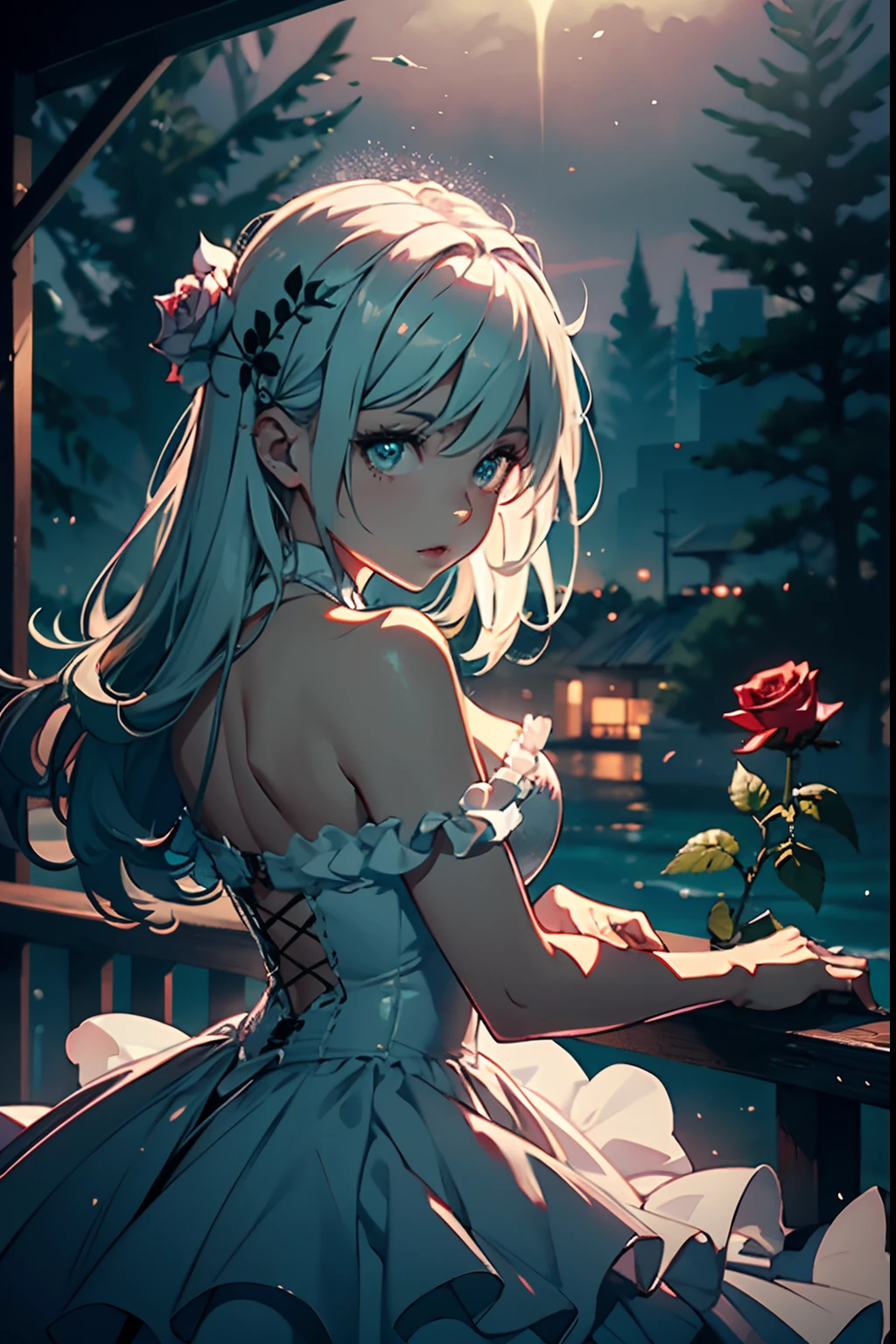 The photo was taken in the dark, Gloomy surroundings. The girl is in the foreground, She has her back to the camera. She wears a long, flowy dress, revealing its curves. The dress is made of transparent material, which allows her skin to be visible through. Her hair is loose and cascading down her shoulders. In her hand she holds a single red rose. The lighting in the photo is impressive. The girl is illuminated from behind, Creating a halo effect around it. The rest of the photo is in the shadows. This creates a sense of mystery and intrigue. The general mood of the photo is sensual and alluring. The girl is the center of attention of the photo, And its beauty is undeniable. Darkness, The gloomy setting and dramatic lighting create a sense of danger and excitement. The rose in her hand adds a touch of romance. This photograph is a perfect example of professional cinematic photography. It is well lit, well-proportioned, And the theme is absolutely amazing. It is sure to attract the attention of anyone, Who will see it. The girl could be in high heels, which will further accentuate its curves. A rose could be placed in her hair, Or she can bring it to her lips. The background can be a cityscape, Or it could be a forest or a beach. The photo can be taken in black and white, which would add drama and mystery. Whatever, How the photo will eventually be composed, It is sure to be a stunning and memorable image.