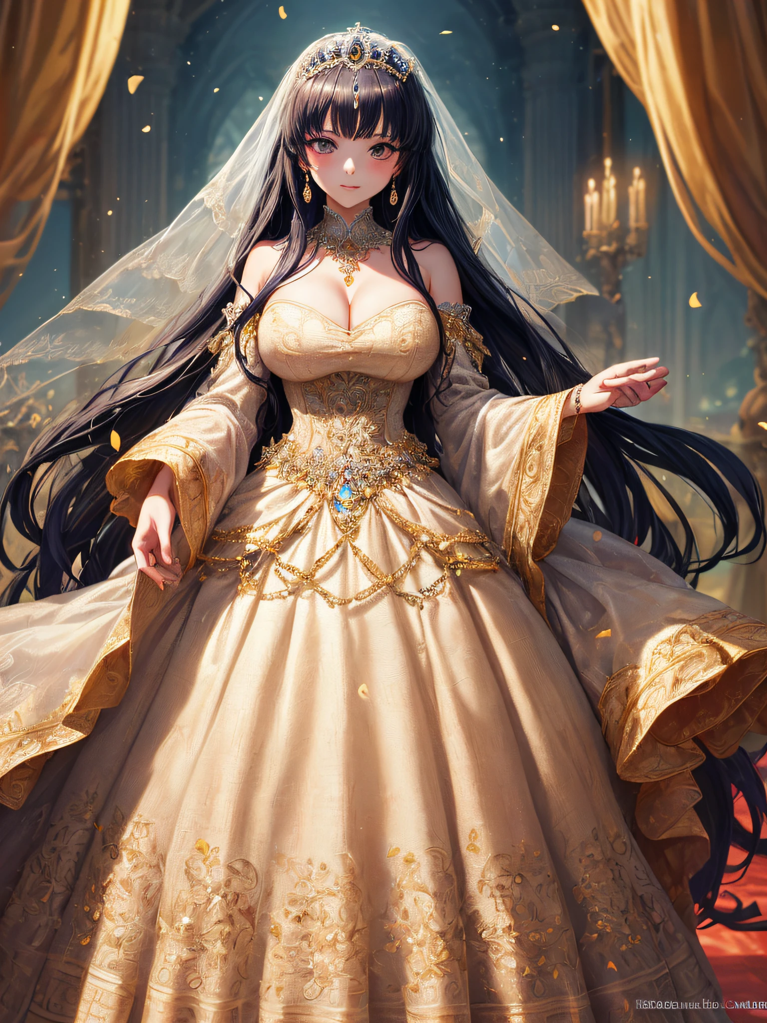 (masterpiece, best quality,extremely detailed,moe anime art style:1.2),1girl, (solo), cute, kawaii,digital art,((1 bling-bling anime princess wearing beautiful embroidery and jeweled gorgeous princess ballgown with voluminous full length hoop skirt)),((crinoline)),long train,voluminous frills,(gorgeous embroidery and beautiful lace),(very gigantic boobs,cleavage,skindentation),((shiny hair,absurdly voluminous straight hair,absurdly Long Hair)),((finely detailed face and eyes)),clear pupil,(bling-bling gorgeousfull jeweled big tiara),((bling-bling gorgeous gemstone jewelry)),long veil,((in beautiful luxury palace)),flowers,flower petals flowing,((looking away)),((beautiful embroidery and jeweled gorgeous princess ballgown with voluminous full length hoop skirt))