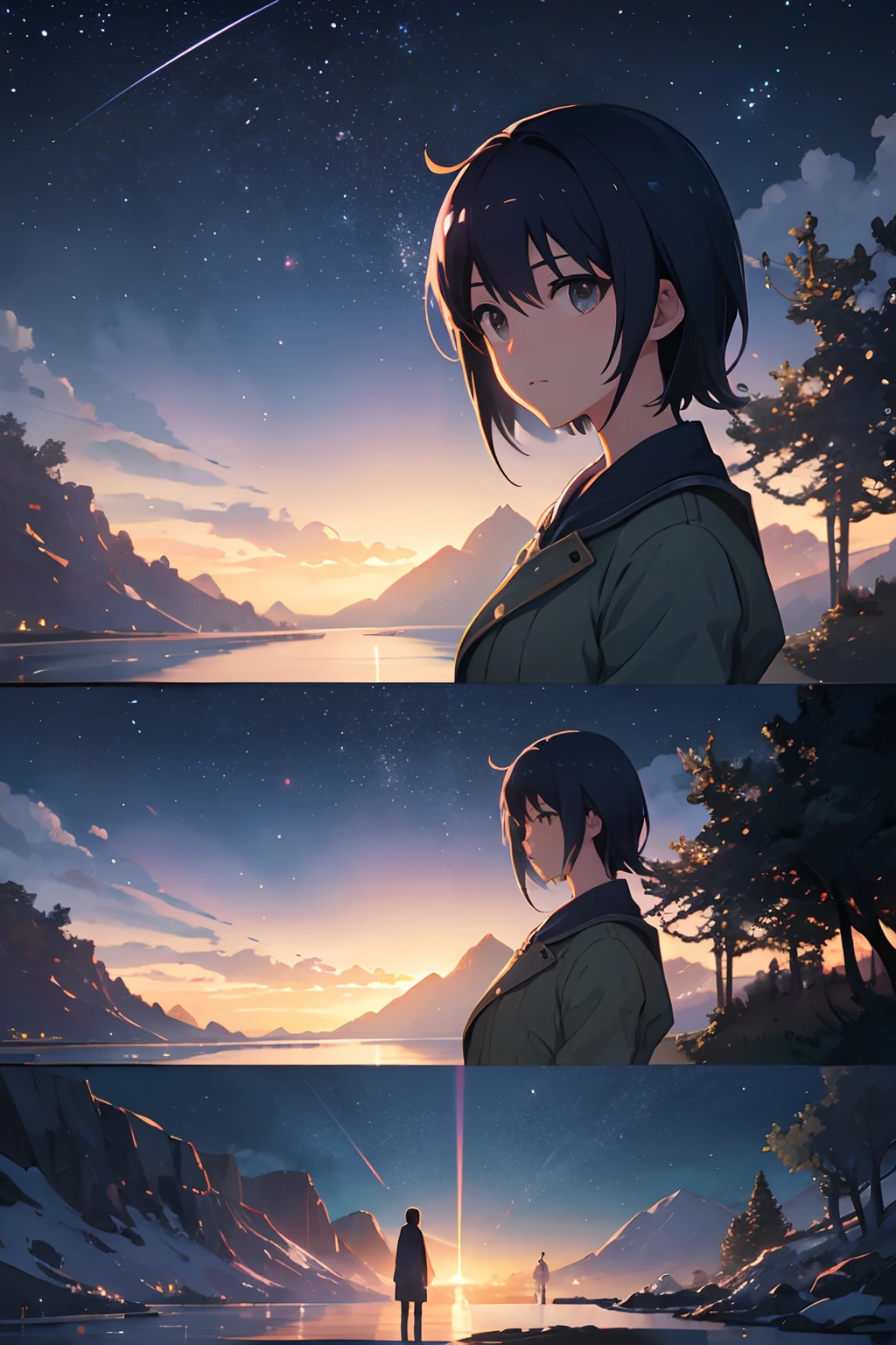 High quality masterpiece ，scenecy，Anime train passing through bodies of water on tracks， Glittering starry sky。Romantic train，Pisif，concept-art，Lofi art style，Reflectors。 By Makoto Shinkai, Lofi art, beautiful anime scenes, Anime landscapes, Detailed scenery —width 672, in the style of makoto shinkai, Makoto Shinkai's style，Detail enhancement