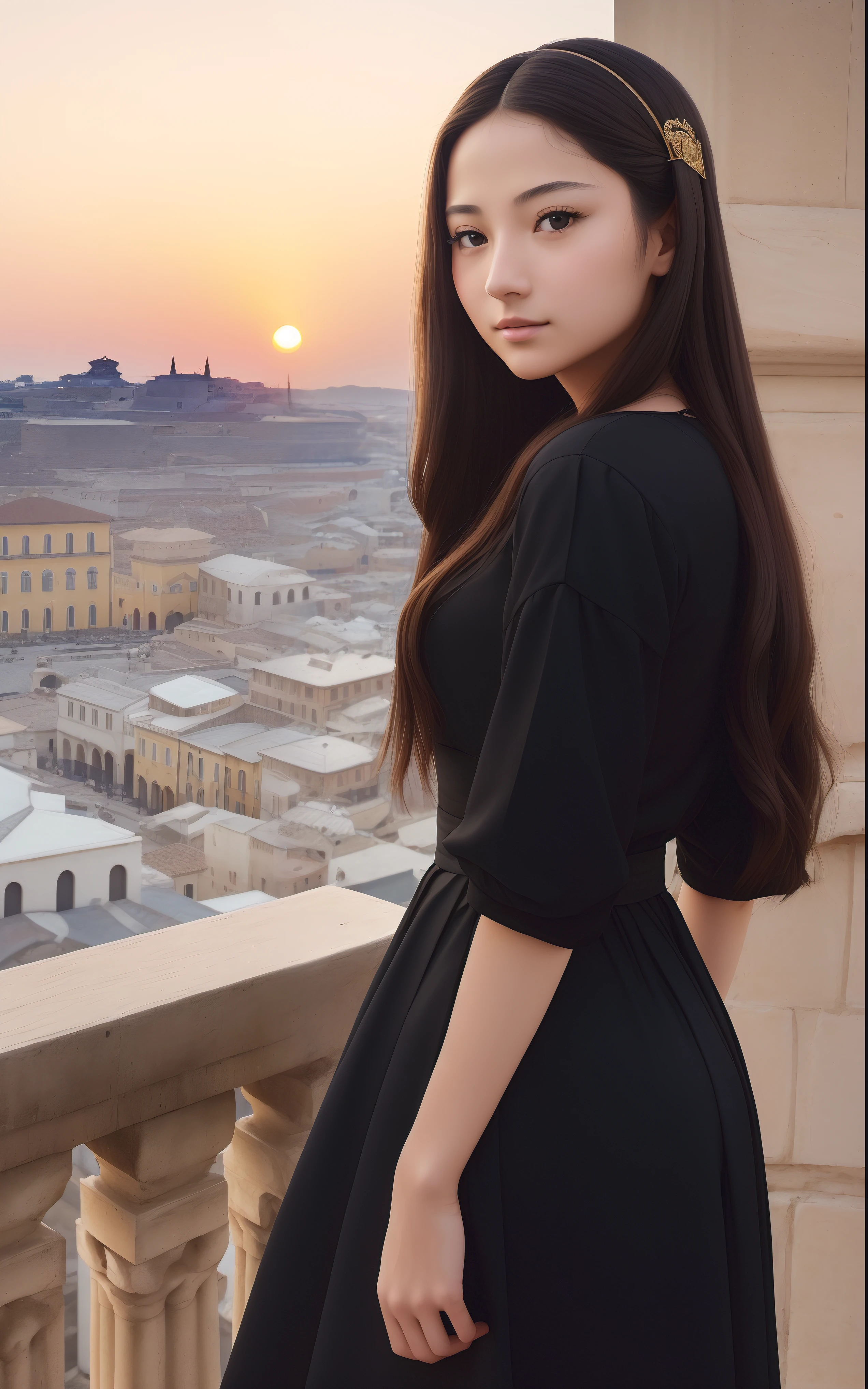 Photo. On the cover of Teen Vogue. Text Says"Tenalisa" Teenage Mona Lisa,  in black long skirt dress, She has a brunette, Strong confidence standing to look at you. Roman columns and arches created by Greek columns are in the background, On the rooftops of Italian cities, Sunrise sky in the background, There is an empty luxurious wooden chair in the foreground, In the distance behind her, Leonardo da Vinci facing backwards, Bridge in the distance, The light of the sunrise shines here, Cinematic, high detailing, (credibly_absurderes,Huge_filesize:1.37),(​masterpiece:1.37),(top-quality:1.37),(realisitic,Photorealsitic:1.2),Ray traching,Realistic lighting,(illuminations,Glow),((film grains:1.37)),(Exquisite details and textures:1.2),(8K分辨率:1.2),(ultra -detail:1.2),(Sharp Focus 1.2),(Raw photography:1.0),(Beautiful Detail Face、Beautiful Detail Eye、 radiant eyes、long eyeslashes、blush of the nose:1.2)、((((perfect anatomia))))、full body Esbian、Ceremony、1girl in、独奏、a beauty girl、High class、(A slender:1.37)、(cute  face)、(Natural glowing skin:1)、(Detailed natural skin、detailed skin textures、Detailed black hair、Well-formed hairstyles)、Facial light、(ciinematic light)