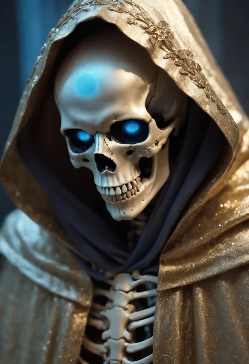 (golden detailed skeletal with a cloak, robotic features, skull, blue-glowing eyes, hood, cloak, torn fabric robe, snowstorm background, winter) (best quality, ultra-detailed, realistic:1.37), HDR, vivid colors, fine painting, studio lighting