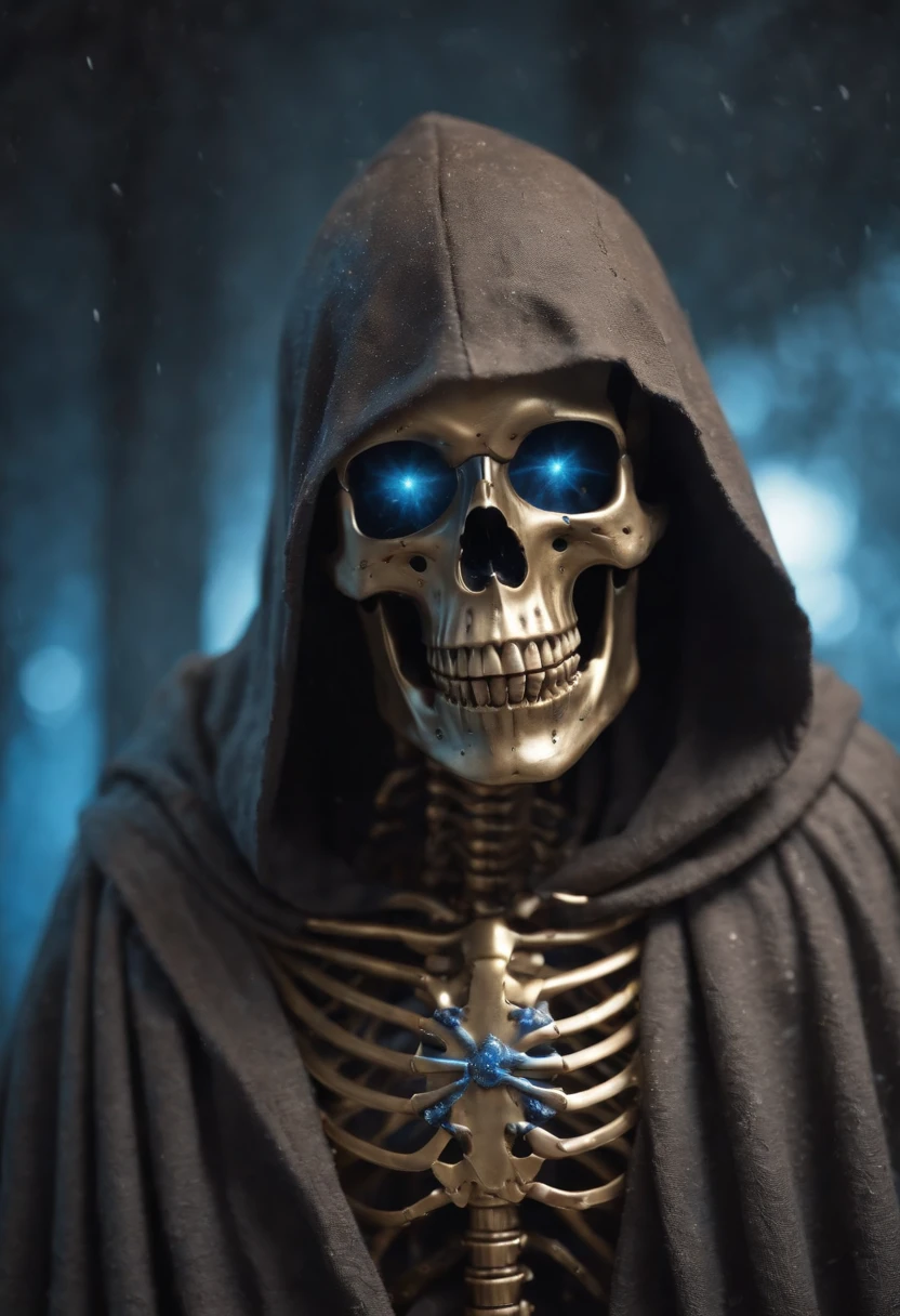 (golden detailed skeletal with a cloak, robotic features, skull, blue-glowing eyes, hood, cloak, torn fabric robe, snowstorm background, winter) (best quality, ultra-detailed, realistic:1.37), HDR, vivid colors, fine painting, studio lighting