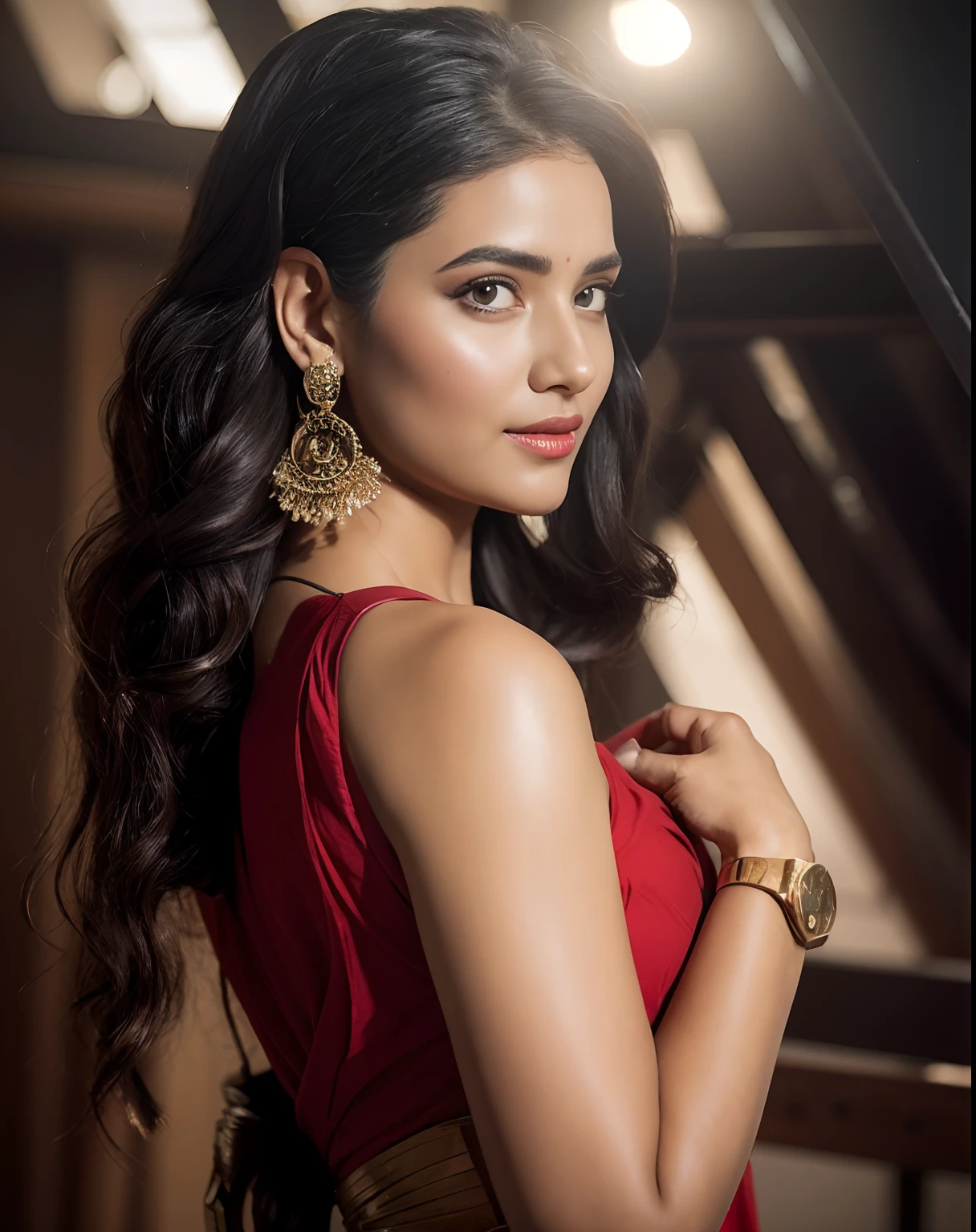 Side Portrait, Cinematic Light: 1.7 of A topless confident-looking indian woman with long flowing hair, hazel eyes, flowing saree, wearing minimalistic neakless and earrings, red bindi, her hair covering her perfect c-cup breasts, sitting in pool, caves background, bokeh, perfect composition, hyperrealistic, super detailed, 8k, high quality, trending art, trending on artstation, sharp focus, studio photo, intricate details, highly detailed, art by greg rutkowski