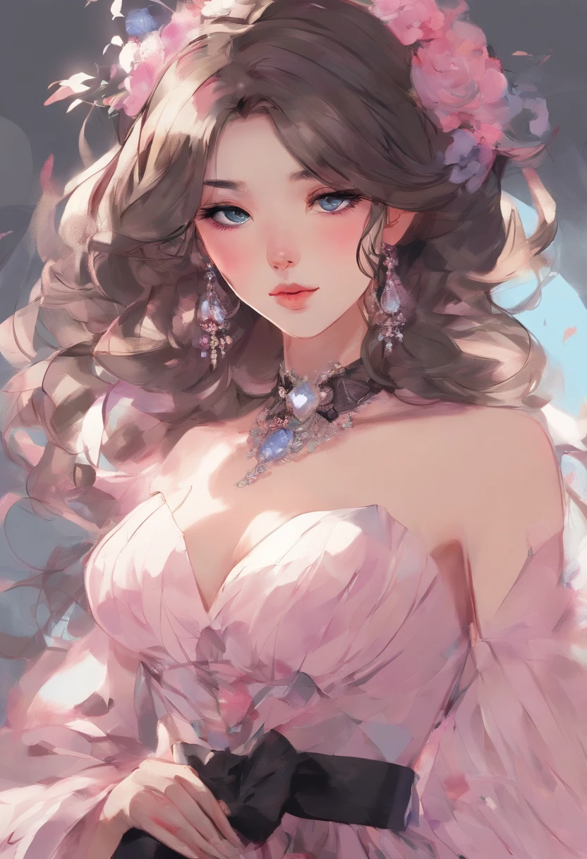 "In this digital artwork, we see a stunning 25-year-old Caucasian woman wearing a lovely pink striped dress. She radiates elegance with her incredibly pretty eyes and wavy brown hair, styled adorablely in a kawaii style. anime on the internet, she gracefully displays her earrings. This digital masterpiece,2d created in the exquisite Guweiz style, depicts her in a Strapless Dress, radiating an understated, coy posture. The smooth, detailed digital painting, reminiscent of Bowater's art style, meticulously brings out the nuances of her dress and her captivating facial features. Paying homage to Artgerm's high-detail technique, this artwork is a stunning full-length 8k portrait of a timeless beauty.", Watercolor, trending on artstation, sharp focus, studio photo, intricate details, highly detailed, by greg rutkowski