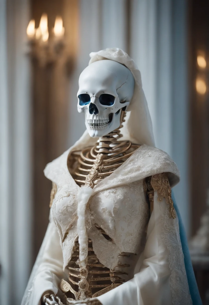skellett mit umhang, goldene deteils, roboter, skull, Blue-smiling eyes, kapuze, mantel, robe aus zerfetztem stoff, schneesturm hintergrund, winter, schnee
