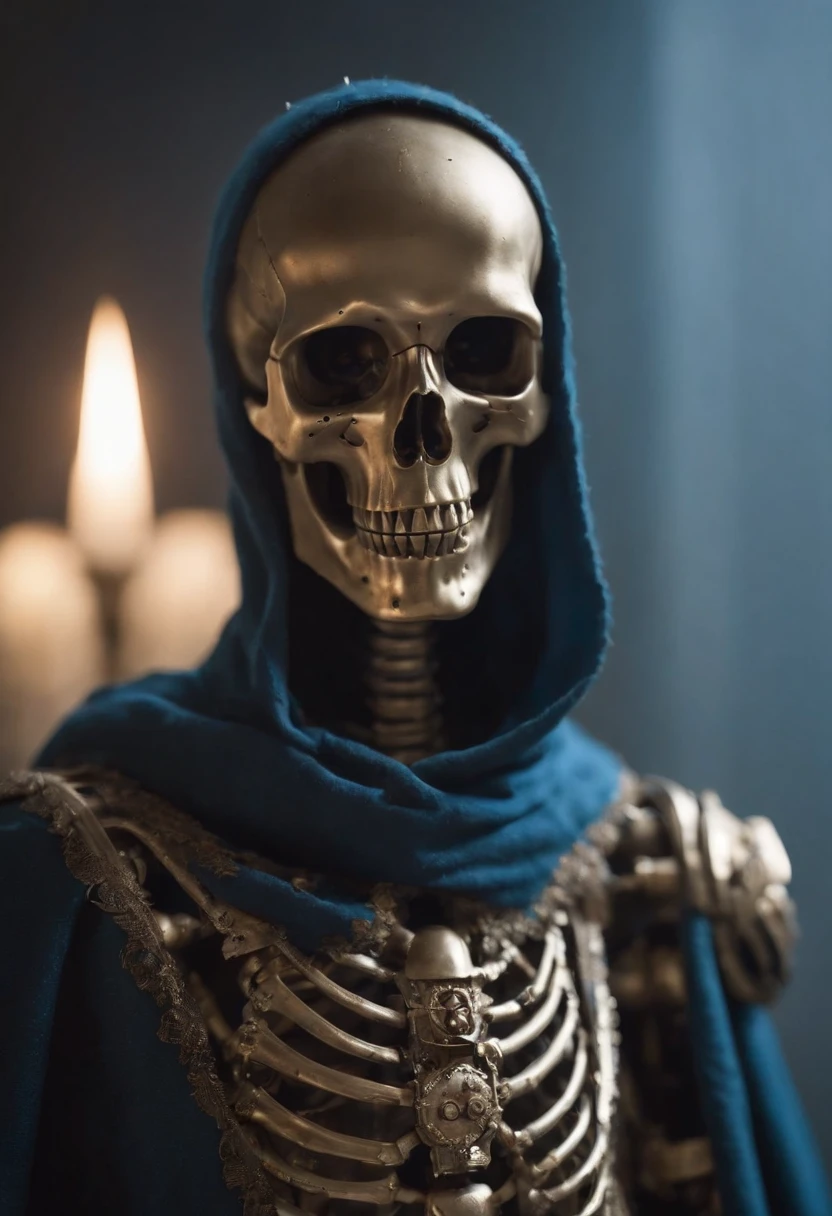skellett mit umhang, goldene deteils, roboter, skull, Blue-smiling eyes, kapuze, mantel, robe aus zerfetztem stoff, schneesturm hintergrund, winter, schnee