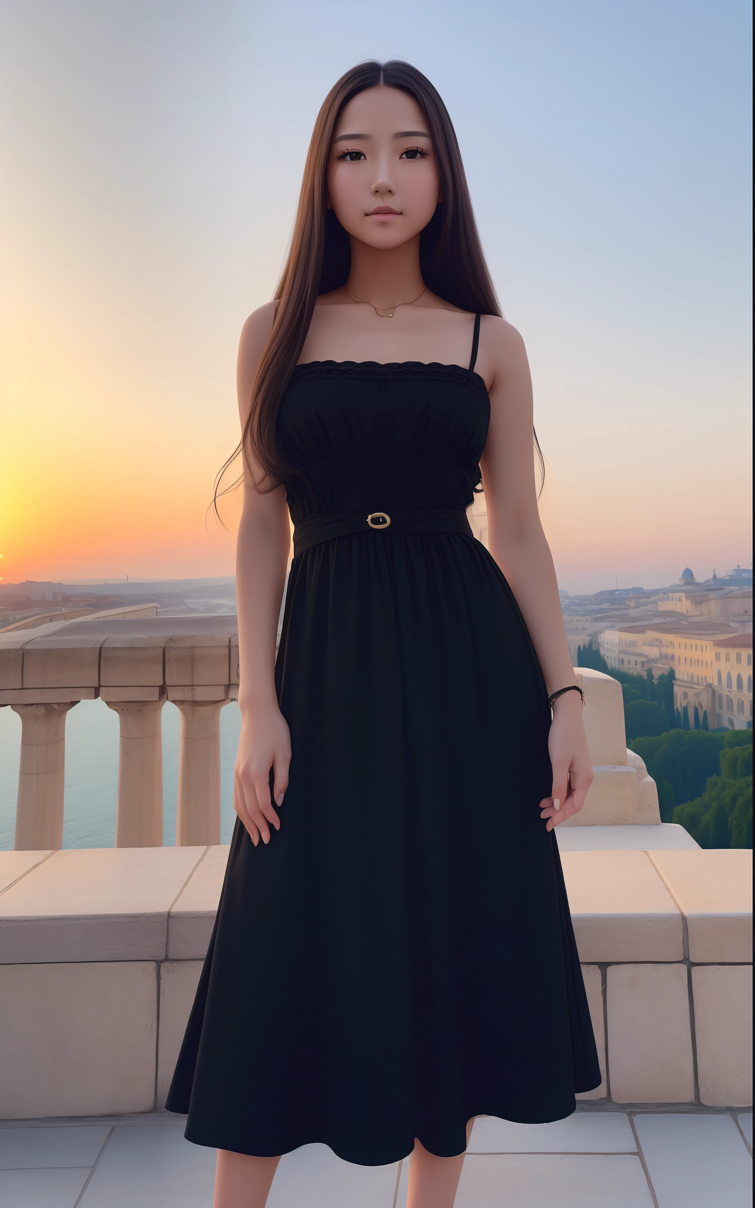 Photo. On the cover of Teen Vogue. Text Says"Tenalisa" Teenage Mona Lisa, 17 years old in black long skirt dress, She has a brunette, Strong confidence standing to see you. Roman columns and arches created by Greek columns are in the background, On the rooftops of Italian cities, Sunrise sky on background, In the foreground is an empty luxurious wooden chair, In the distance behind her, Leonardo da Vinci facing backwards, Distant bridges, The light of sunrise shines here, Cinematic, high detailing, (credibly_absurderes,Huge_filesize:1.37),(masterpiece:1.37),(top-quality:1.37),(realisitic,Photorealsitic:1.2),Ray traching,Realistic lighting,(illuminations,Glow),((film grains:1.37)),(Exquisite details and textures:1.2),(8K分辨率:1.2),(ultra -detail:1.2),(Sharp Focus 1.2),(Raw photography:1.0),(Beautiful Detail Face、Beautiful Detail Eye、 radiant eyes、long eyeslashes、blush of the nose:1.2)、((((perfect anatomia))))、full body Esbian、Ceremony、1girl in、独奏、a beauty girl、High class、(A slender:1.37)、(cute face)、(Natural glowing skin:1)、(Detailed natural skin、detailed skin textures、Detailed black hair、Well-formed hairstyles)、Facial light、(ciinematic light)