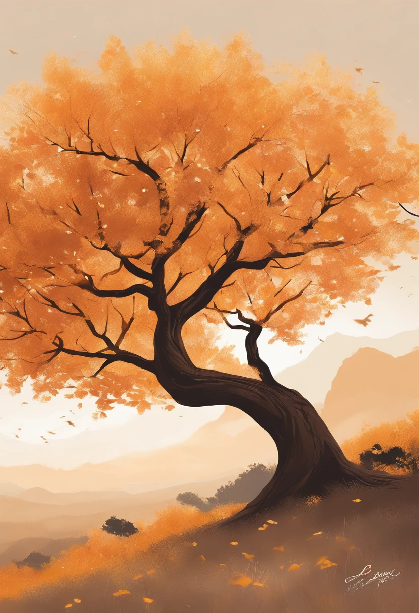 Hojas de cerezo grandes, hojas cayendo, flores en arbol, golden hour, estilo de pintura con tinta, estilo de tinta, corte decisivo, espacio en blanco, a mano alzada, obra maestra, epic composition, alta calidad, sthe highest qualit,