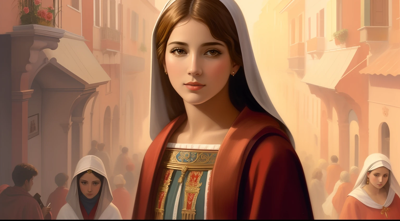 There is a painting of a woman in a red robe, menina era veniziana, Menina antiga de Libu, pintura digital renascentista, maravilhoso, pintura digital bonita, pintura de personagem bonita, lindo pintura digital, inspirado em Antonio Ciseri, Directed by: Artur Tarnowski, inspirado em Romano Vio, menina venizian