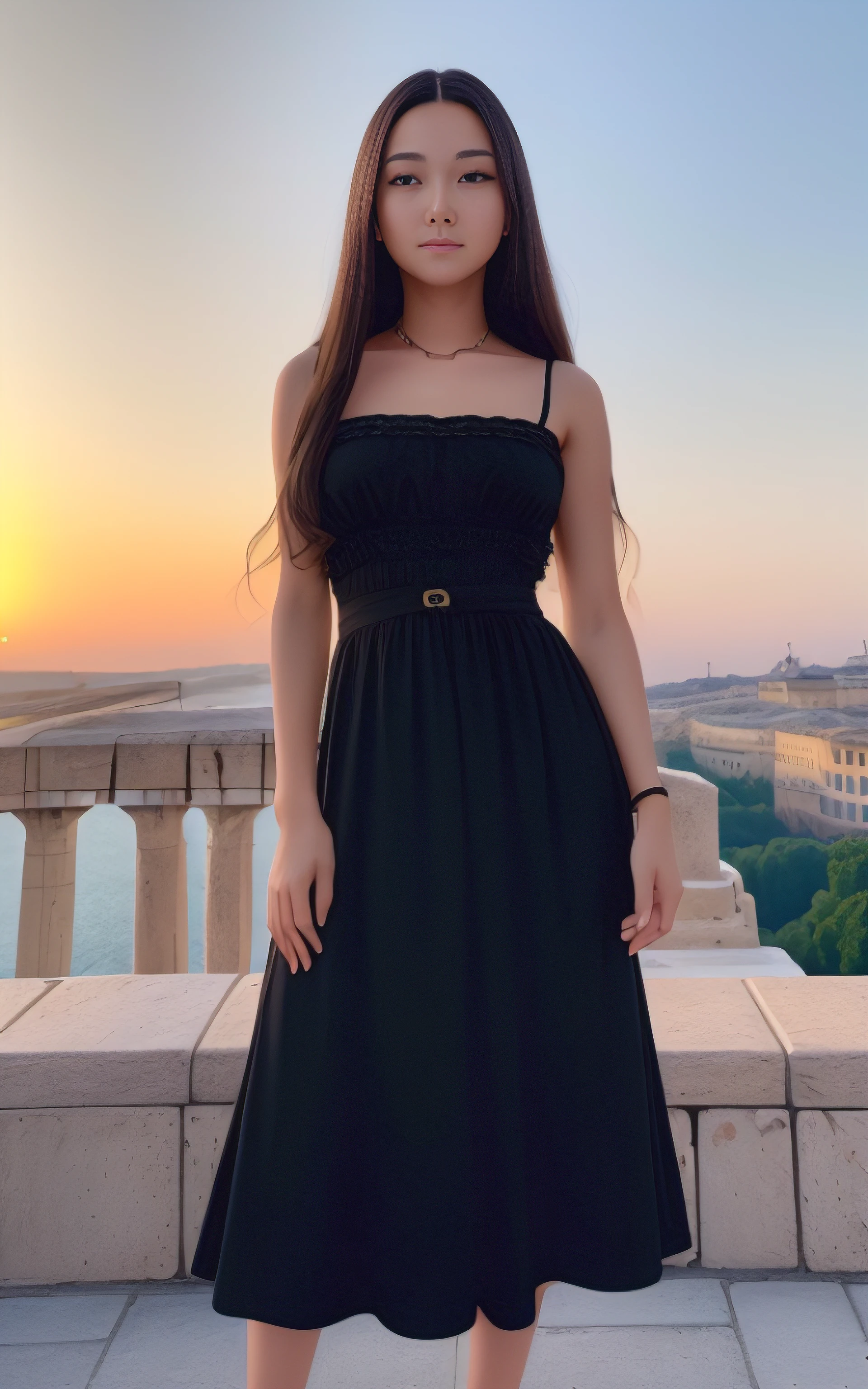 Photo. On the cover of Teen Vogue. Text Says"Tenalisa" Teenage Mona Lisa, 17 years old in black long skirt dress, She has a brunette, Strong confidence standing to see you. Roman columns and arches created by Greek columns are in the background, On the rooftops of Italian cities, Sunrise sky on background, In the foreground is an empty luxurious wooden chair, In the distance behind her, Leonardo da Vinci facing backwards, Distant bridges, The light of sunrise shines here, Cinematic, high detailing, (credibly_absurderes,Huge_filesize:1.37),(​masterpiece:1.37),(top-quality:1.37),(realisitic,Photorealsitic:1.2),Ray traching,Realistic lighting,(illuminations,Glow),((film grains:1.37)),(Exquisite details and textures:1.2),(8K分辨率:1.2),(ultra -detail:1.2),(Sharp Focus 1.2),(Raw photography:1.0),(Beautiful Detail Face、Beautiful Detail Eye、 radiant eyes、long eyeslashes、blush of the nose:1.2)、((((perfect anatomia))))、full body Esbian、Ceremony、1girl in、独奏、a beauty girl、High class、(A slender:1.37)、(cute  face)、(Natural glowing skin:1)、(Detailed natural skin、detailed skin textures、Detailed black hair、Well-formed hairstyles)、Facial light、(ciinematic light)