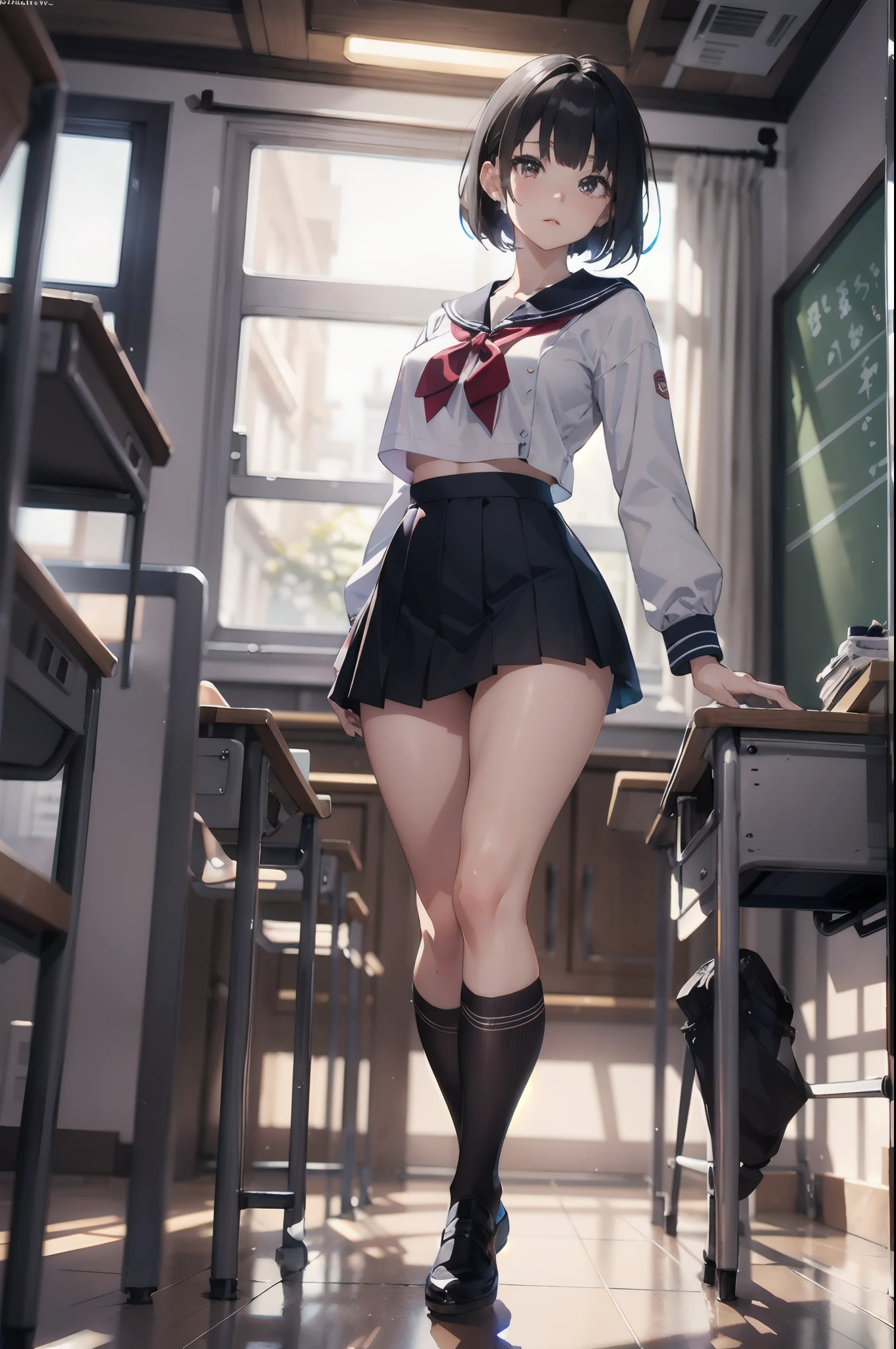 (Official art、Best Quality、Unity 8k Wallpapers、32K、masterpiece、ultra-detailliert、超A high resolution、realisitic、Photorealsitic:1.2)、(Cinematic lighting:1.2)、Fireglow effect、film grains、Best Shadows、Rim lighting、side lights、sideshot、(Ultra-detailed and complex 3D rendering)、Detailed beautiful face and eyes、A slender、Medium bust、(Full body:1.2)、 Highly detailed background、Colossal tits、cowboy shot, detailed faces and eyes、 Inside the classroom、Schools、Evening glow、beauitful face、blurry backround、16-year-old beautiful girl、shinny skin、short-hair、Beautiful black hair、Blunt bangs、Red Eye、(Katyusha:1.2)、a sailor suit、Mini skirt、Curve、Stand on one knee、thighs thighs thighs thighs