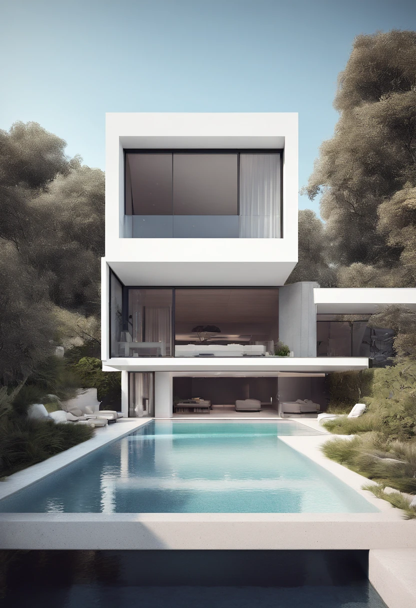 a modern minimal white dublex house, exterior, material wood, glass, concrete, water in the pool, with pool in yard, a lux car in the yard