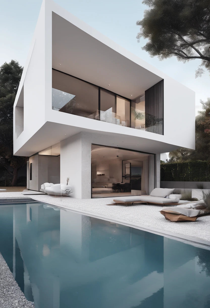 a modern minimal white dublex house, exterior, material wood, glass, concrete, water in the pool, with pool in yard, a lux car in the yard