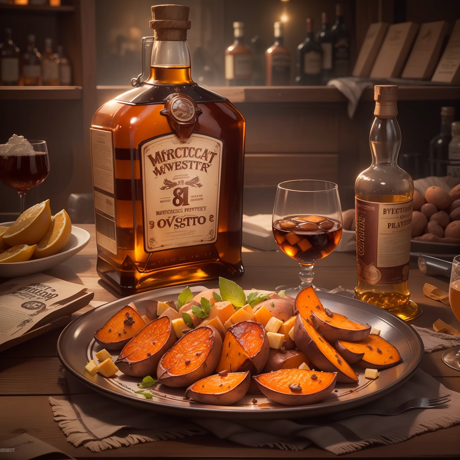 poster for,Mechanical liquor beauty,A bottle of whiskey and a plate of baked sweet potatoes,Creative advertising,Big poster,(english text),Cover of a,Eye-catching title,8K, High quality, Masterpiece, Best quality, k hd, Extremely detailed, voluminetric lighting, Photorealistic