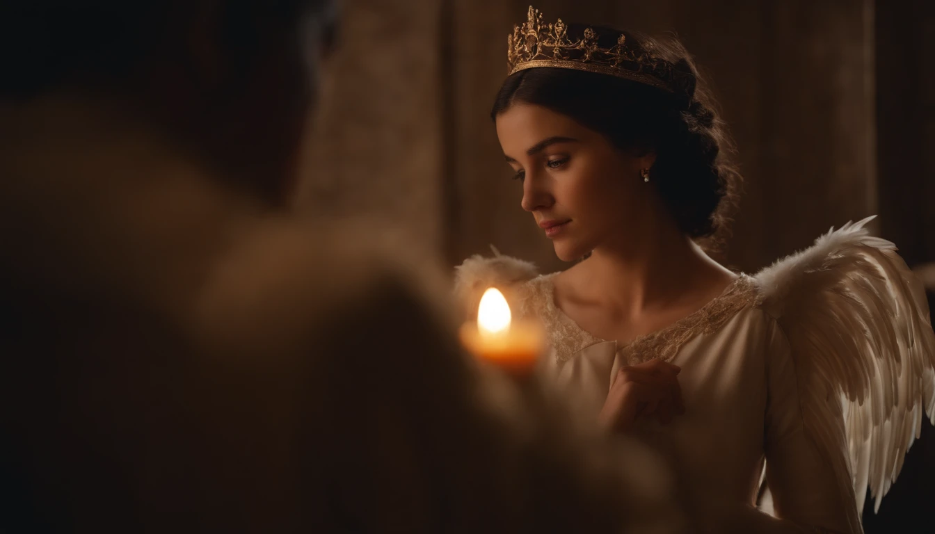 Um anjo da guarda com asas majestosas, lovingly enveloping someone with your heavenly mantle
