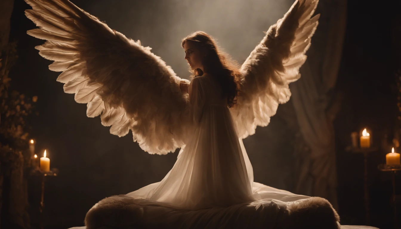 Um anjo da guarda com asas majestosas, lovingly enveloping someone with your heavenly mantle