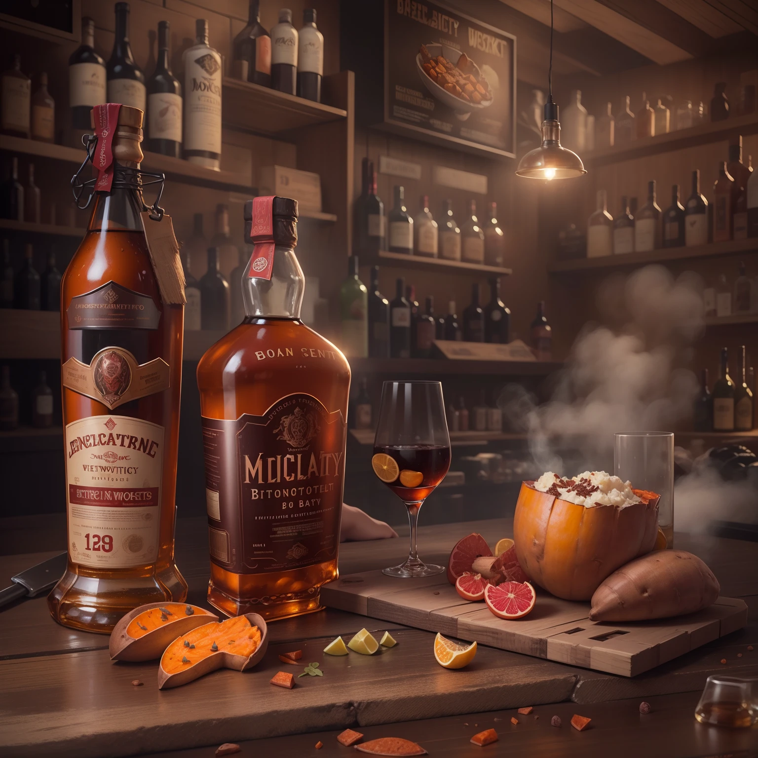 poster for，Mechanical liquor beauty，A bottle of whiskey and a plate of baked sweet potatoes，Creative advertising，Big poster，(english text)，Cover of a，Eye-catching title，8K, High quality, Masterpiece, Best quality, k hd, Extremely detailed, voluminetric lighting, Photorealistic