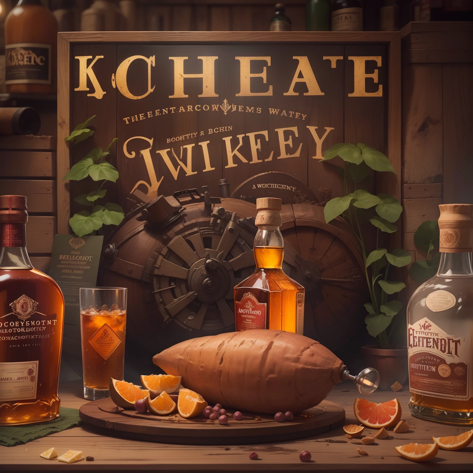 poster for,Mechanical liquor beauty,A bottle of whiskey and a plate of baked sweet potatoes,Creative advertising,Big poster,(English text),Cover of a,Eye-catching title,8K, High quality, Masterpiece, Best quality, k hd, Extremely detailed, voluminetric lighting, Photorealistic