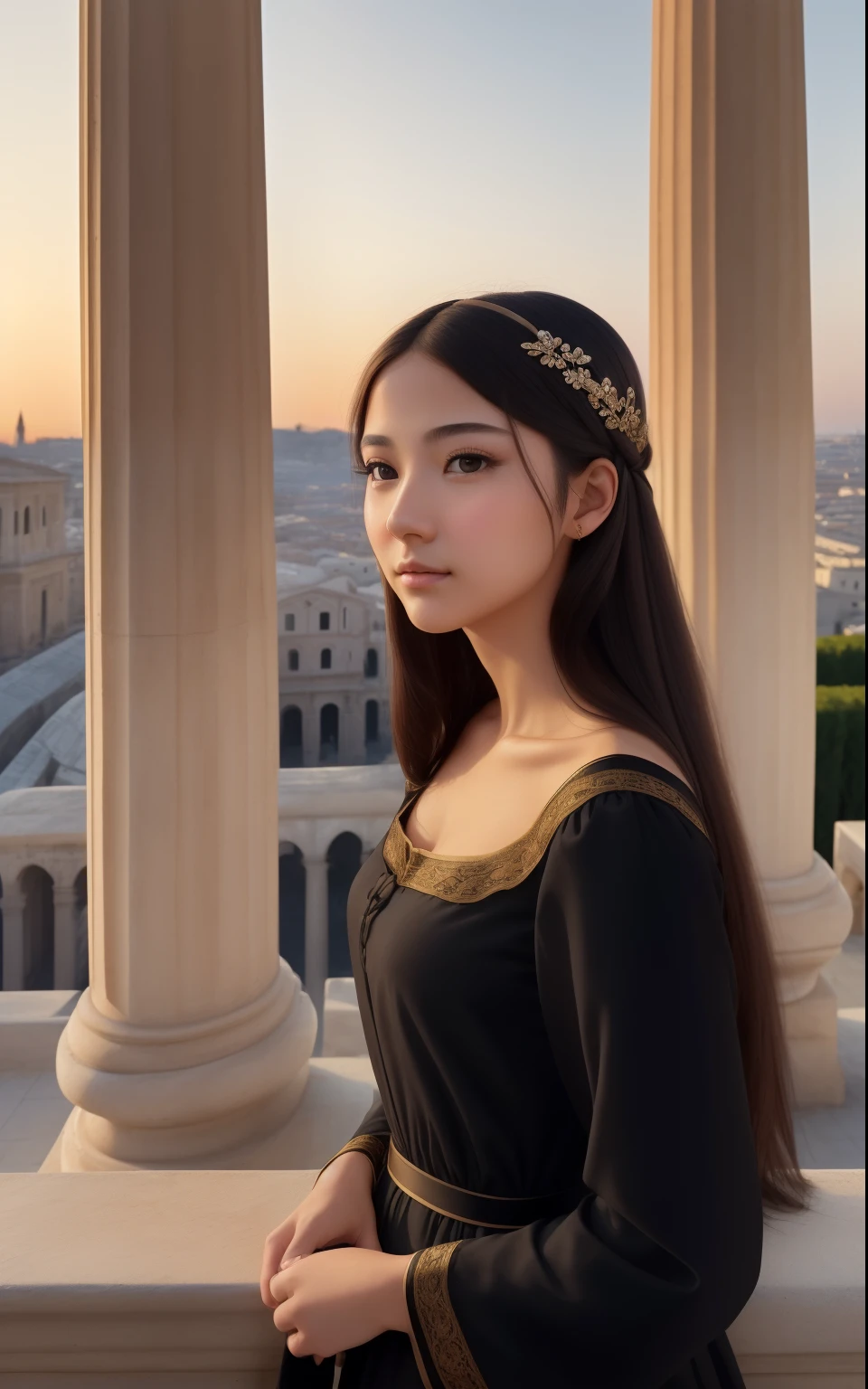 Photo. On the cover of Vogue. Text Says"Tenalisa" TeenMona Lisa, 17 yearsk long skirt dress, She has a brunette, Strong confidence standing to see you. Roman columns and arches created by Greek columns are in the background, On the rooftops of Italian cities, Sunrise sky on background, In the foreground is an empty luxurious wooden chair, In the distance behind her, Leonardo da Vinci facing backwards, Distant bridges, The light of sunrise shines here, Cinematic, high detailing, (credibly_absurderes,Huge_filesize:1.37),(masterpiece:1.37),(top-quality:1.37),(realisitic,Photorealsitic:1.2),Ray traching,Realistic lighting,(illuminations,Glow),((film grains:1.37)),(Exquisite details and textures:1.2),(8K分辨率:1.2),(ultra -detail:1.2),(Sharp Focus 1.2),(Raw photography:1.0),(Beautiful Detail Face、Beautiful Detail Eye、 radiant eyes、long eyeslashes、blush of the nose:1.2)、((((perfect anatomia))))、full body Esbian、Ceremony、1girl in、独奏、a beauty girl、High class、(A slender:1.37)、(cute face)、(Natural glowing skin:1)、(Detailed natural skin、detailed skin textures、Detailed black hair、Well-formed hairstyles)、Facial light、(ciinematic light)
