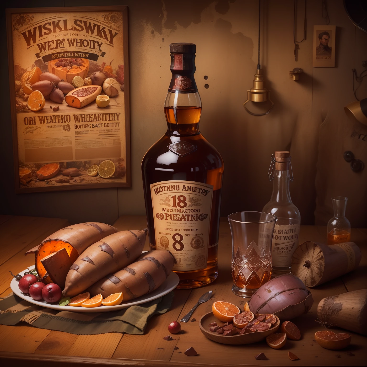 poster for,Mechanical liquor beauty,A bottle of whiskey and a plate of baked sweet potatoes,Creative advertising,Big poster,(English text),Cover of a,Eye-catching title,8K, High quality, Masterpiece, Best quality, k hd, Extremely detailed, voluminetric lighting, Photorealistic