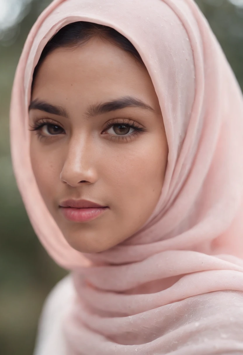 a photo portrait of a beautiful malay girl with hijab and few freckles, (plain pastel pink hijab), (medium shot portrait:1.3), dramatic light, Rembrandt lighting scheme, (hyperrealism:1.2), (8K UHD:1.2), (photorealistic:1.2), shot with Canon EOS 5D Mark IV, detailed face, detailed skin texture