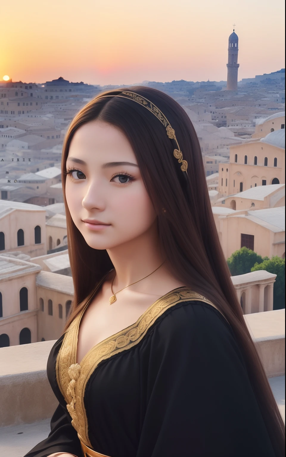 Photo. On the cover of Teen Vogue. Text Says"Tenalisa" Teenage Mona Lisa, 17 years old in black long skirt dress, She has a brunette, Strong confidence standing to see you. Roman columns and arches created by Greek columns are in the background, On the rooftops of Italian cities, Sunrise sky on background, In the foreground is an empty luxurious wooden chair, In the distance behind her, Leonardo da Vinci facing backwards, Distant bridges, The light of sunrise shines here, Cinematic, high detailing, (credibly_absurderes,Huge_filesize:1.37),(​masterpiece:1.37),(top-quality:1.37),(realisitic,Photorealsitic:1.2),Ray traching,Realistic lighting,(illuminations,Glow),((film grains:1.37)),(Exquisite details and textures:1.2),(8K分辨率:1.2),(ultra -detail:1.2),(Sharp Focus 1.2),(Raw photography:1.0),(Beautiful Detail Face、Beautiful Detail Eye、 radiant eyes、long eyeslashes、blush of the nose:1.2)、((((perfect anatomia))))、full body Esbian、Ceremony、1girl in、独奏、a beauty girl、High class、(A slender:1.37)、(cute  face)、(Natural glowing skin:1)、(Detailed natural skin、detailed skin textures、Detailed black hair、Well-formed hairstyles)、Facial light、(ciinematic light)