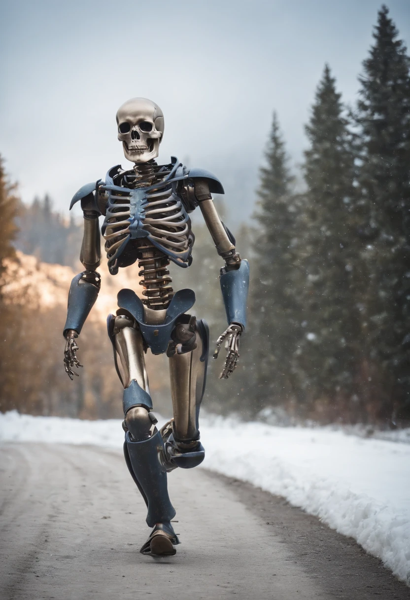 skellett mit umhang, goldene deteils, roboter, skull, Blue-smiling eyes, kapuze, mantel, robe aus zerfetztem stoff, schneesturm hintergrund, winter, terminator, breite schultern, starker schneefall, front perspektive, Opposite the camera, Running towards the camera