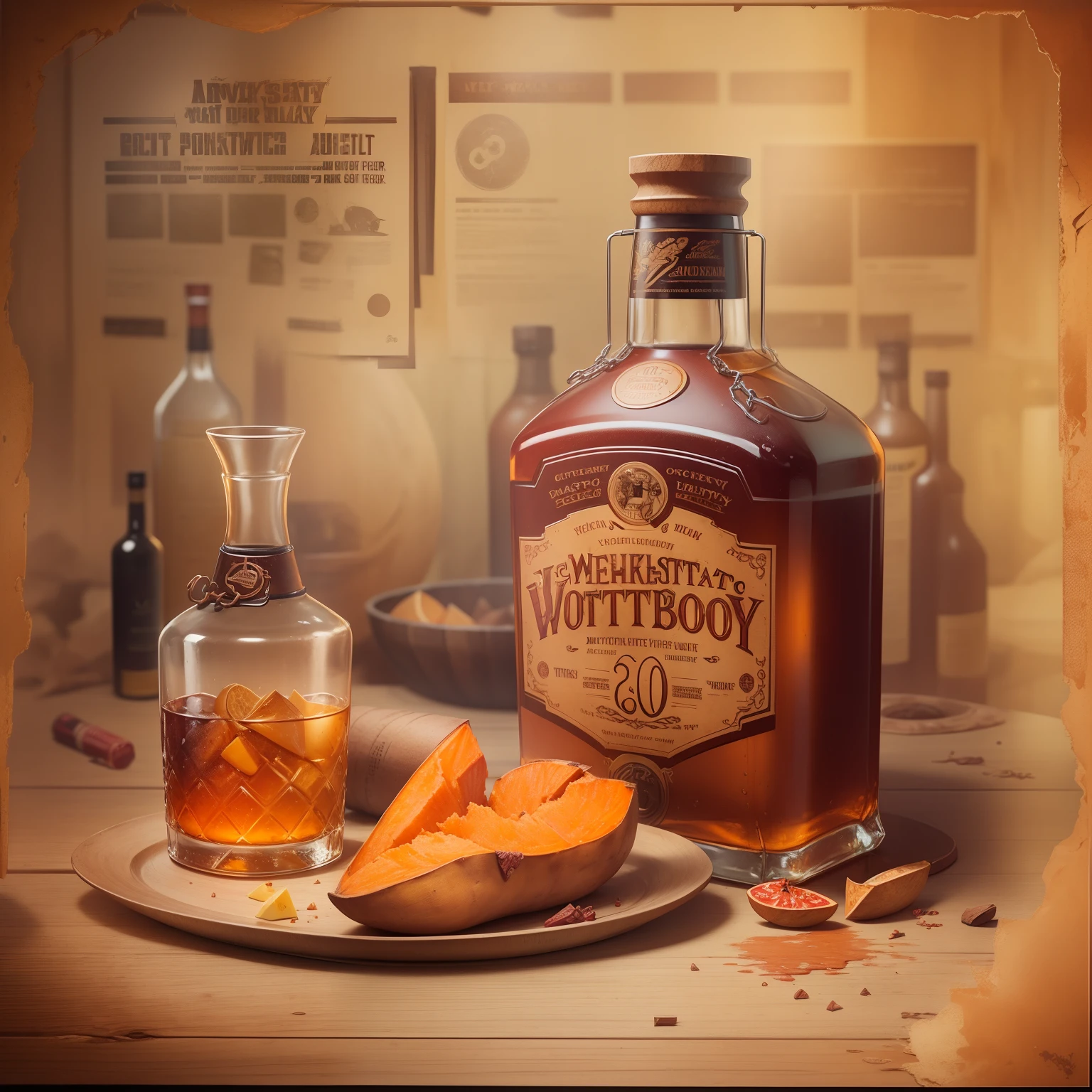 poster for，Mechanical liquor beauty，A bottle of whiskey and a plate of baked sweet potatoes，Creative advertising，Big poster，(English text)，Cover of a，Eye-catching title，8K, High quality, Masterpiece, Best quality, k hd, Extremely detailed, voluminetric lighting, Photorealistic