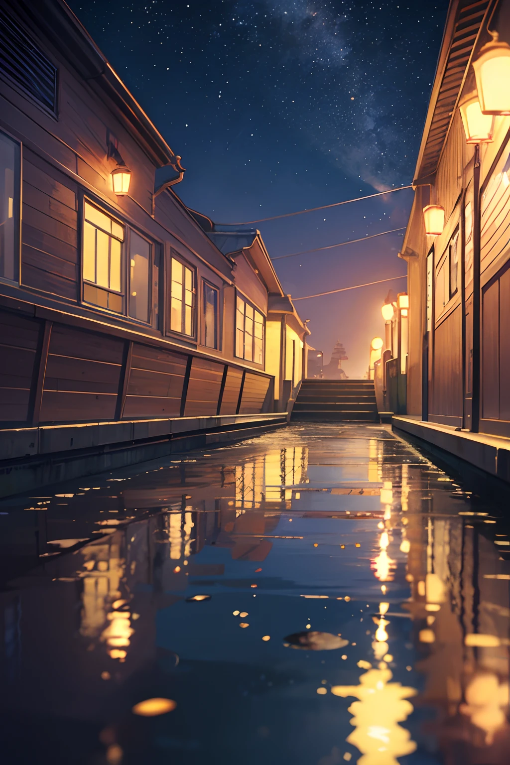 High quality masterpiece ,scenecy,Anime train passing through bodies of water on tracks, Glittering starry sky。Romantic train,Pisif,concept-art,Lofi art style,Reflectors。 By Makoto Shinkai, Lofi art, beautiful anime scenes, Anime landscapes, Detailed scenery —width 672, in the style of makoto shinkai, Makoto Shinkai's style,Detail enhancement