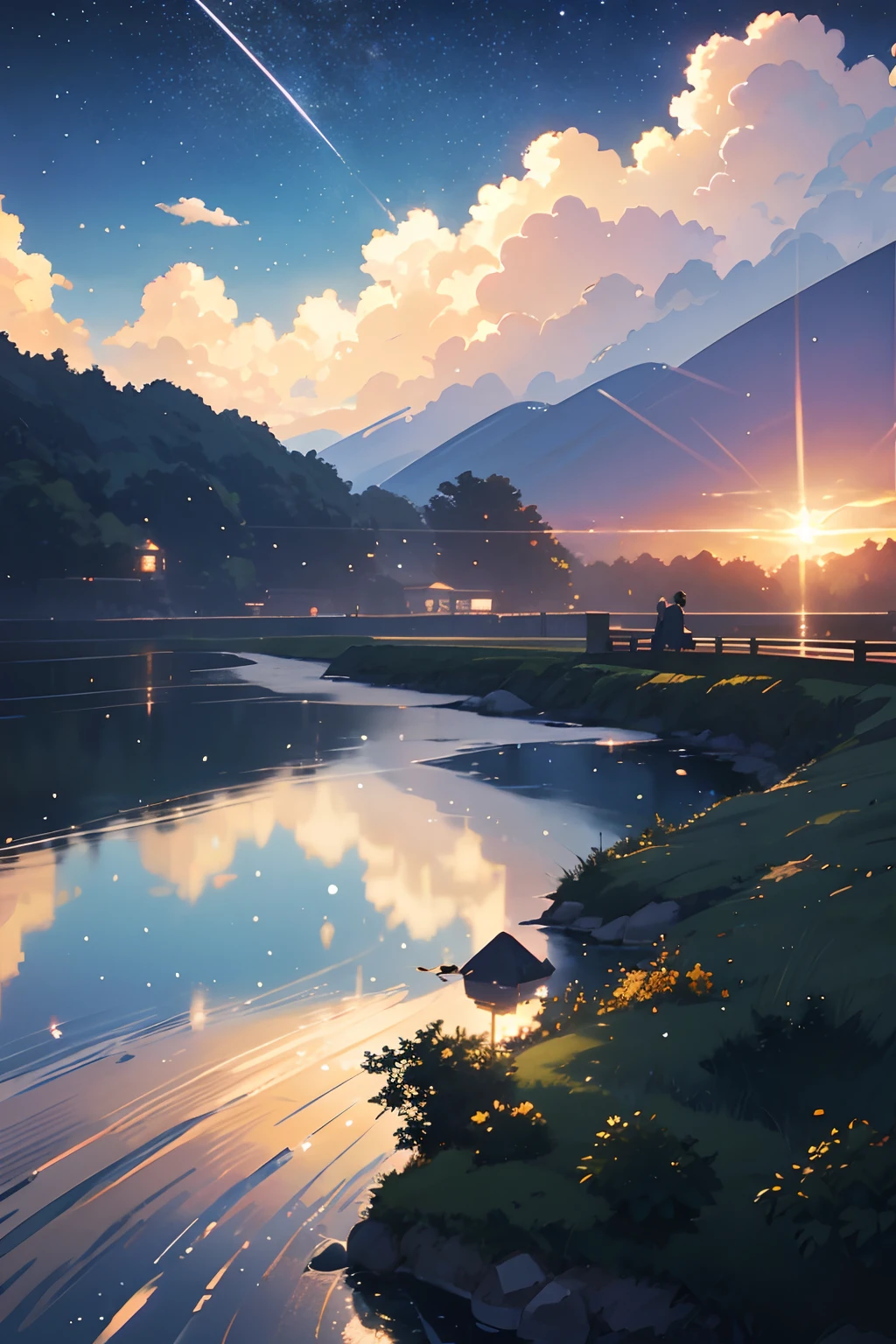 High quality masterpiece ,scenecy,Anime train passing through bodies of water on tracks, Glittering starry sky。Romantic train,Pisif,concept-art,Lofi art style,Reflectors。 By Makoto Shinkai, Lofi art, beautiful anime scenes, Anime landscapes, Detailed scenery —width 672, in the style of makoto shinkai, Makoto Shinkai's style,Detail enhancement