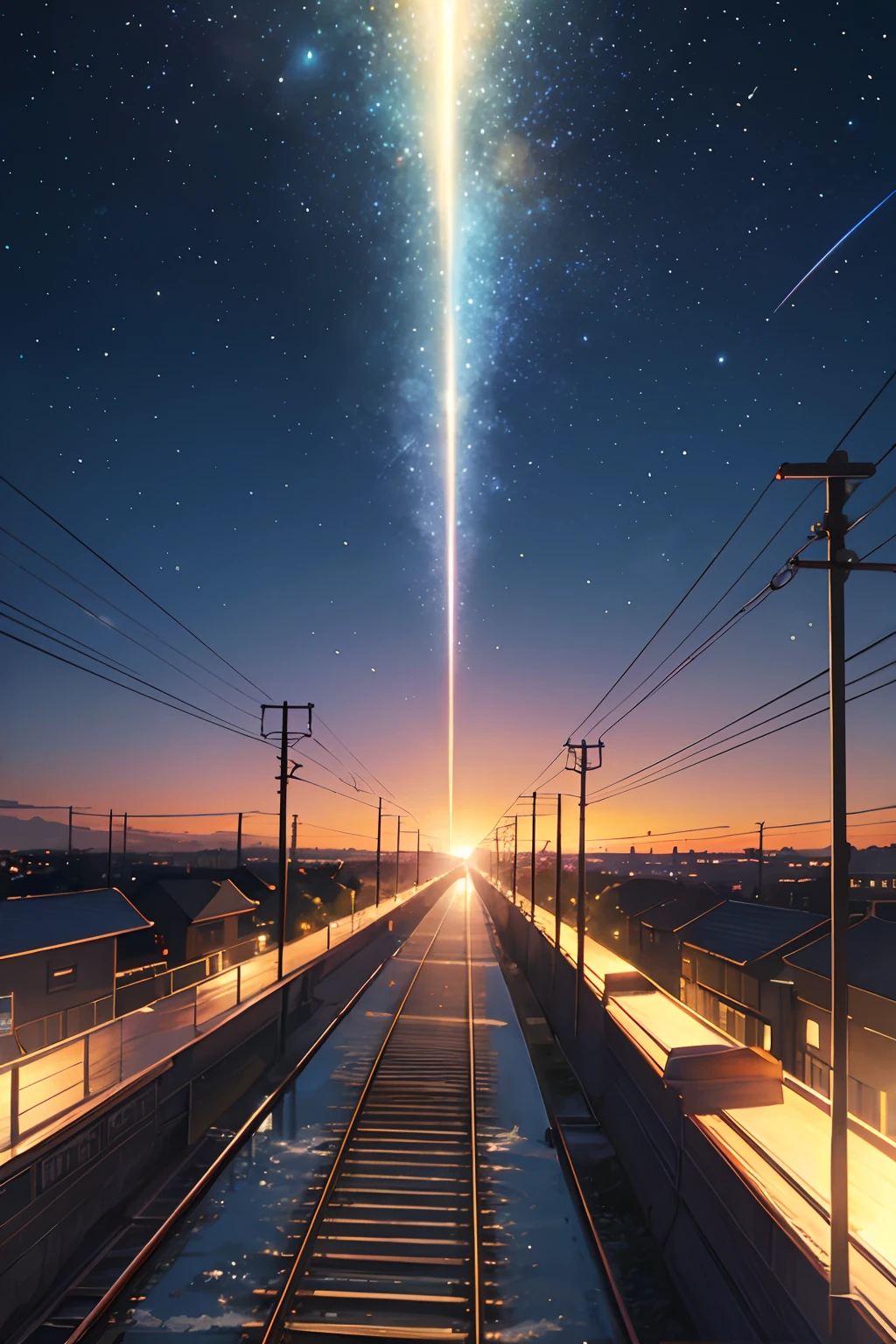 High quality masterpiece ，scenecy，Anime train passing through bodies of water on tracks， Glittering starry sky。Romantic train，Pisif，concept-art，Lofi art style，Reflectors。 By Makoto Shinkai, Lofi art, beautiful anime scenes, Anime landscapes, Detailed scenery —width 672, in the style of makoto shinkai, Makoto Shinkai's style，Detail enhancement