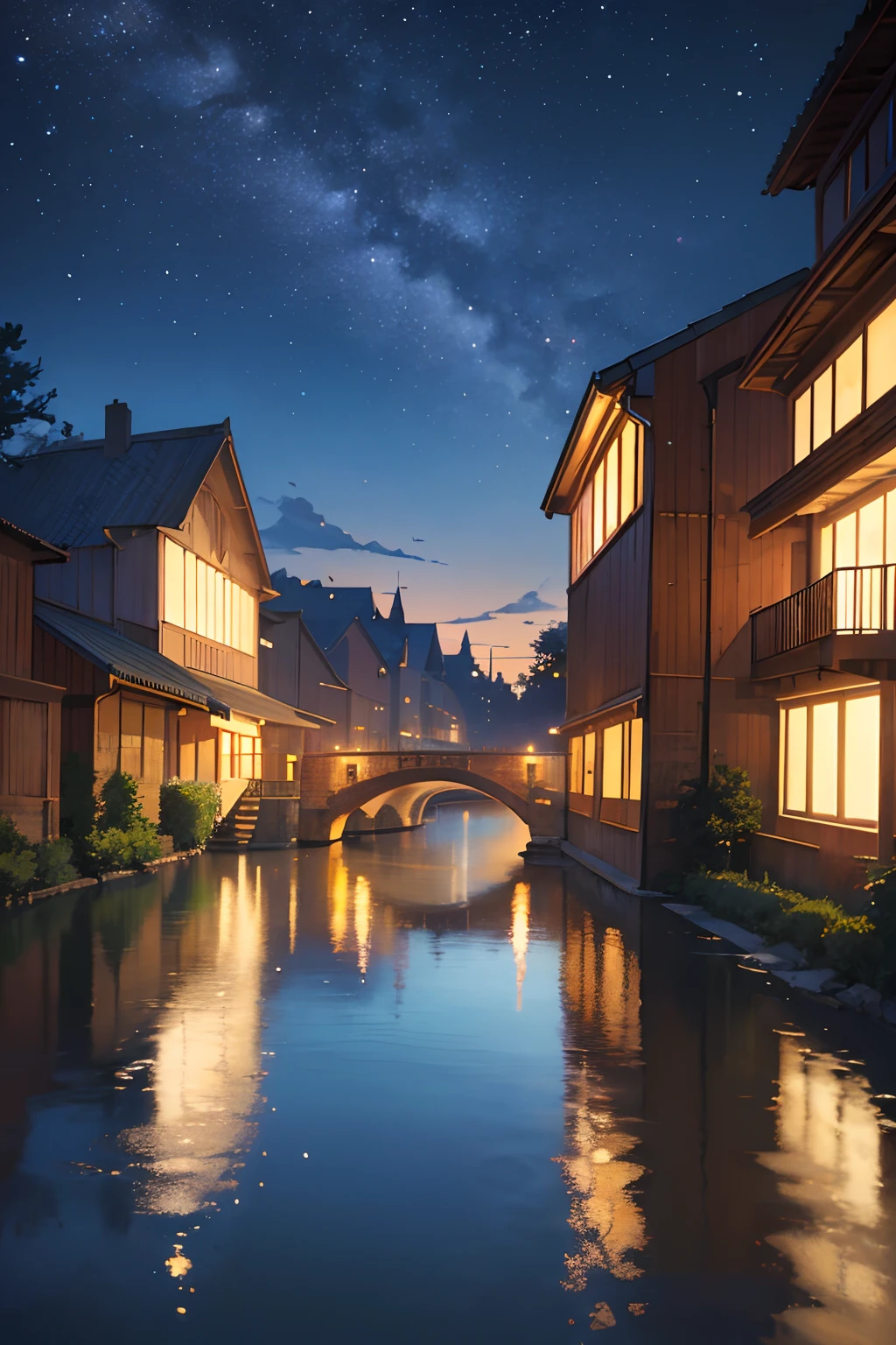 High quality masterpiece ,scenecy,Anime train passing through bodies of water on tracks, Glittering starry sky。Romantic train,Pisif,concept-art,Lofi art style,Reflectors。 By Makoto Shinkai, Lofi art, beautiful anime scenes, Anime landscapes, Detailed scenery —width 672, in the style of makoto shinkai, Makoto Shinkai's style,Detail enhancement