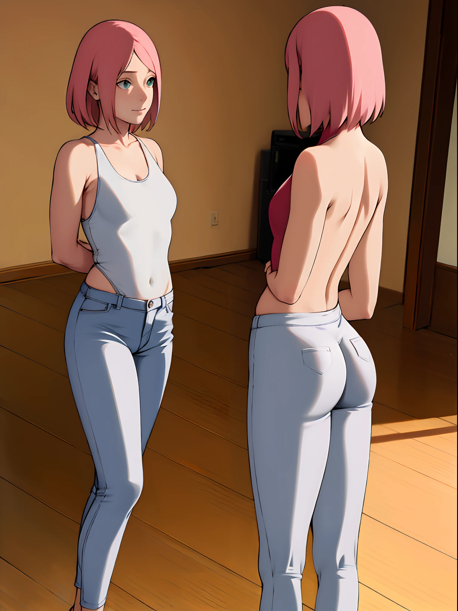 1人, arms behind back,stehend im Wohnzimmer,von vorne,half body,Only the upper body,White, enges Tanktop,big ass,perfekter Arsch,Skinny Jeans
