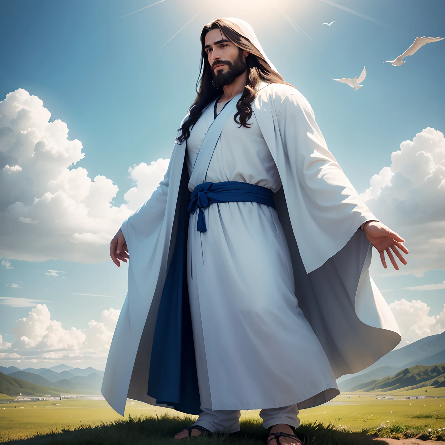 Jesus Christ is standing on a hill, Olhando para o horizonte. He's wearing a white robe and a blue robe.., and her hair is long and dark. Ele tem uma barba e um bigode, and his eyes are blue. he's smiling, and its expression is one of love and compassion.

the sun is shining, and the clouds are white and fluffy. The air is filled with the sound of birds singing. The landscape is beautiful, com montanhas, rios e florestas.

Jesus is an imposing and majestic figure. He is the son of God, And He came to earth to save humans from their sins. He is a divine being, and he is worthy of our worship.