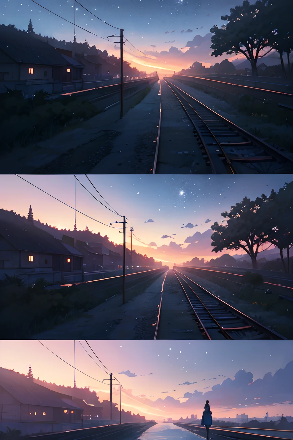 High quality masterpiece ,scenecy,Anime train passing through bodies of water on tracks, Glittering starry sky。Romantic train,Pisif,concept-art,Lofi art style,Reflectors。 By Makoto Shinkai, Lofi art, beautiful anime scenes, Anime landscapes, Detailed scenery —width 672, in the style of makoto shinkai, Makoto Shinkai's style,Detail enhancement