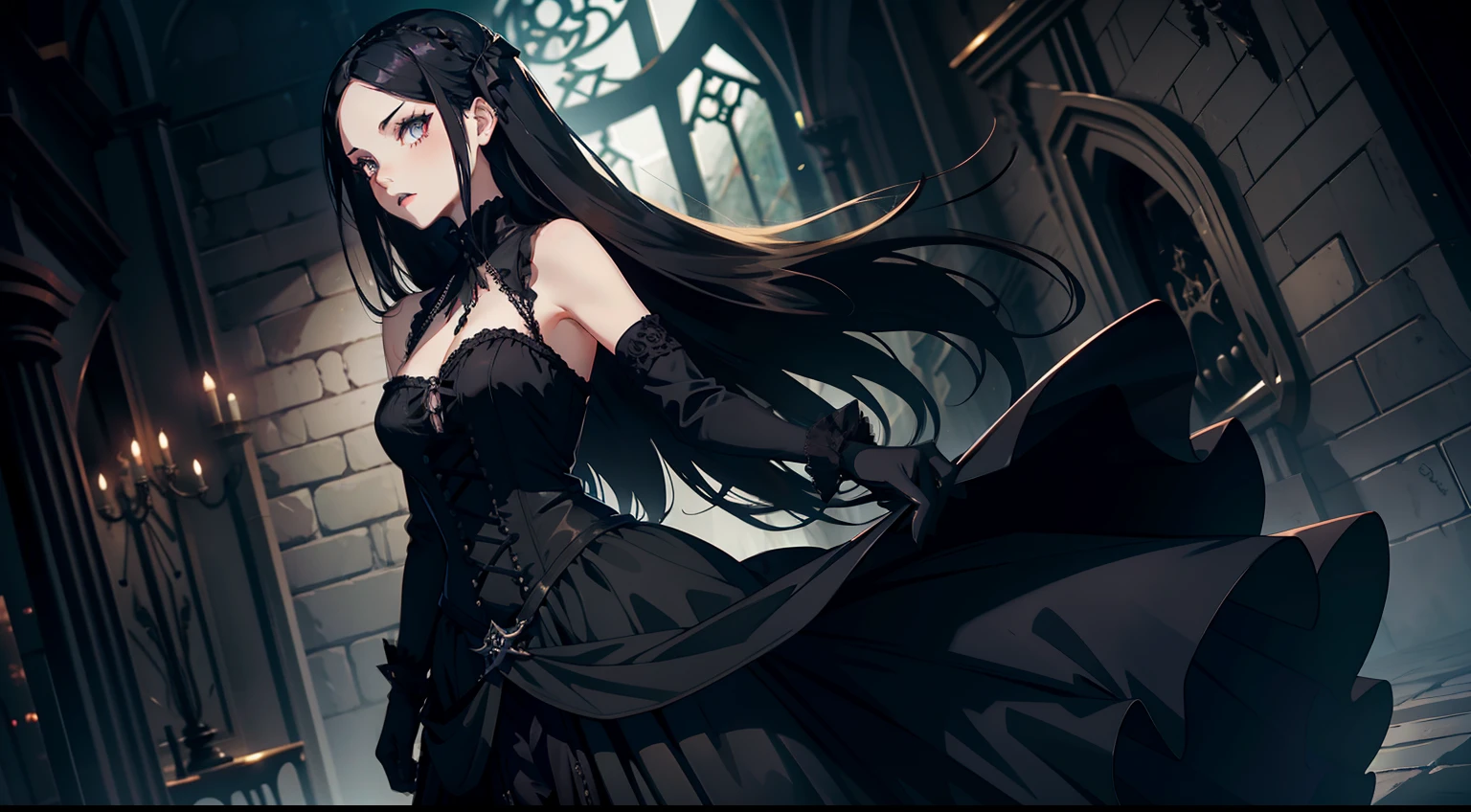 gothic, dark hair, blond color, gothic dress, long black hair, gothic girl with black gloves